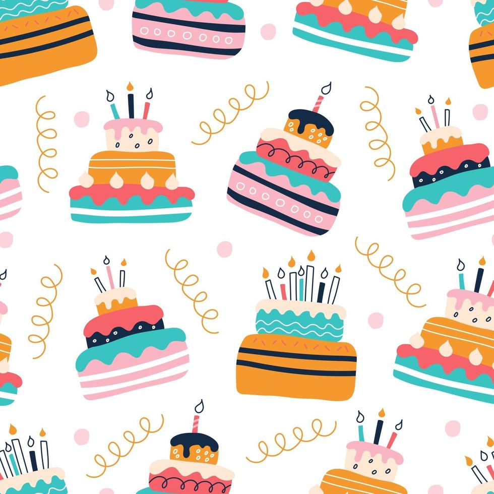 A set of bright colorful cakes on a white background in the style of flat doodles. Vector seamless pattern. Wallpaper, packaging paper design, fabrics