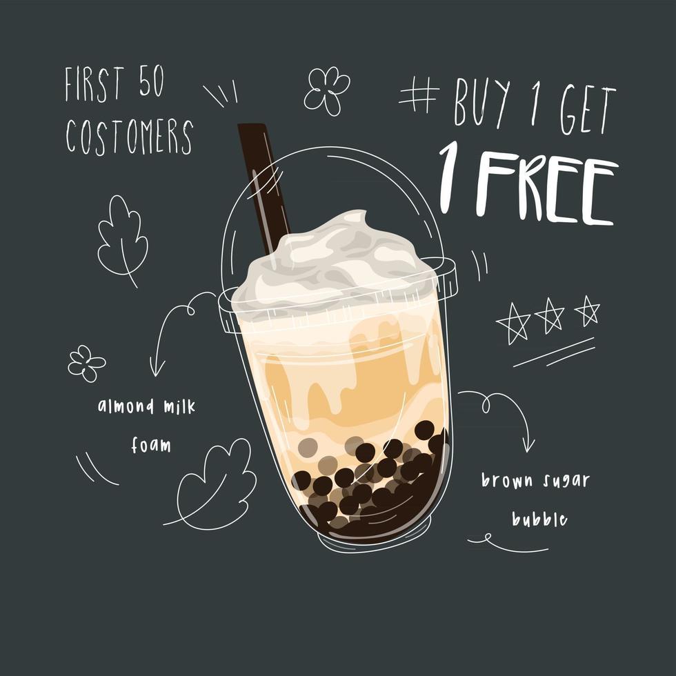 Bubble milk tea design collection,Pearl milk tea , Boba milk tea, Yummy drinks, coffees with doodle style banner,  Vector illustration.