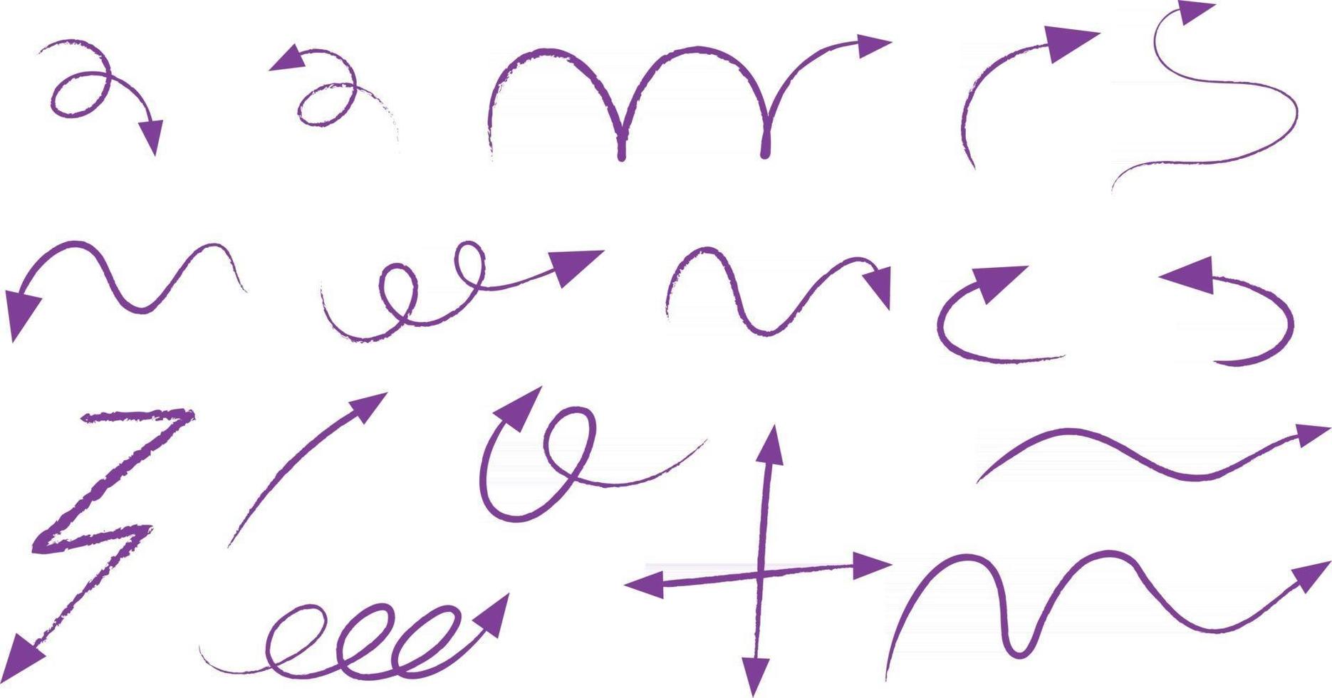 Diferentes tipos de flechas curvas dibujadas a mano de color púrpura sobre fondo blanco. vector