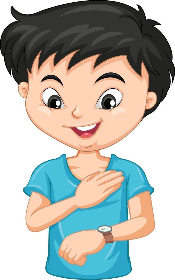 Boy cartoon character looking at wrist watch vector