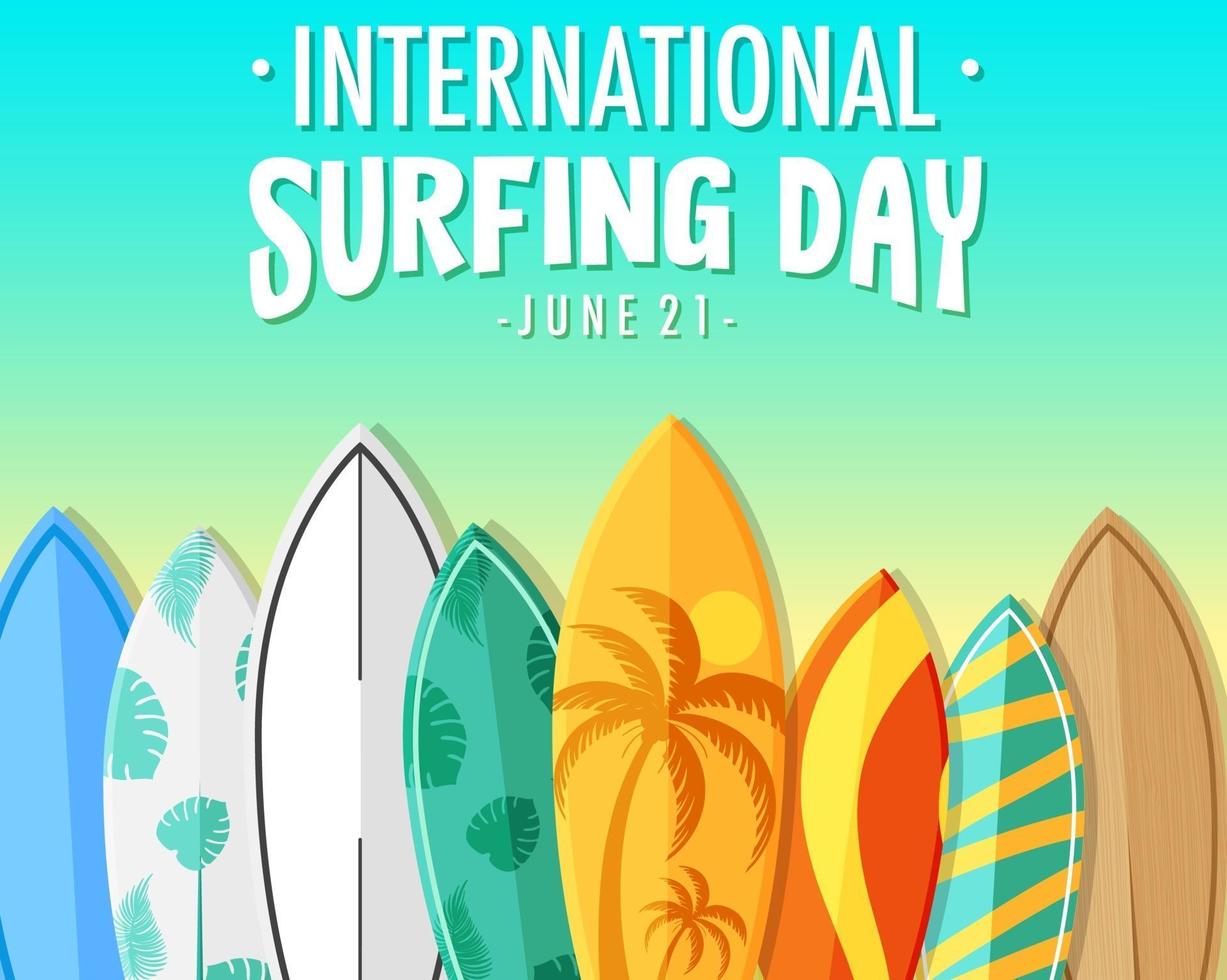 banner del día internacional del surf con muchas tablas de surf vector