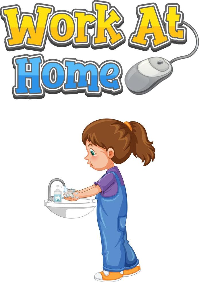 Work at Home font design with a girl washing her hands on white background vector