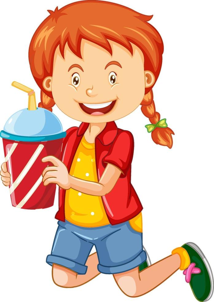 A cute girl holding drink cup cartoon character isolated on white background vector