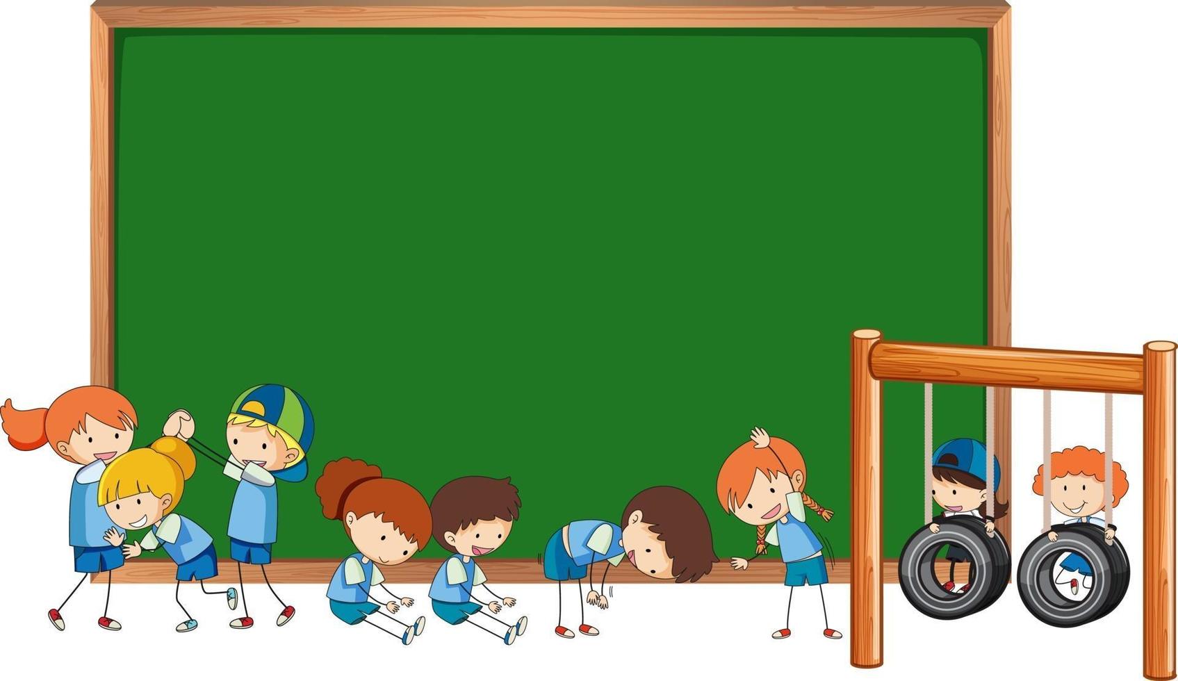 Empty blackboard with many kids doodle cartoon character isolated vector