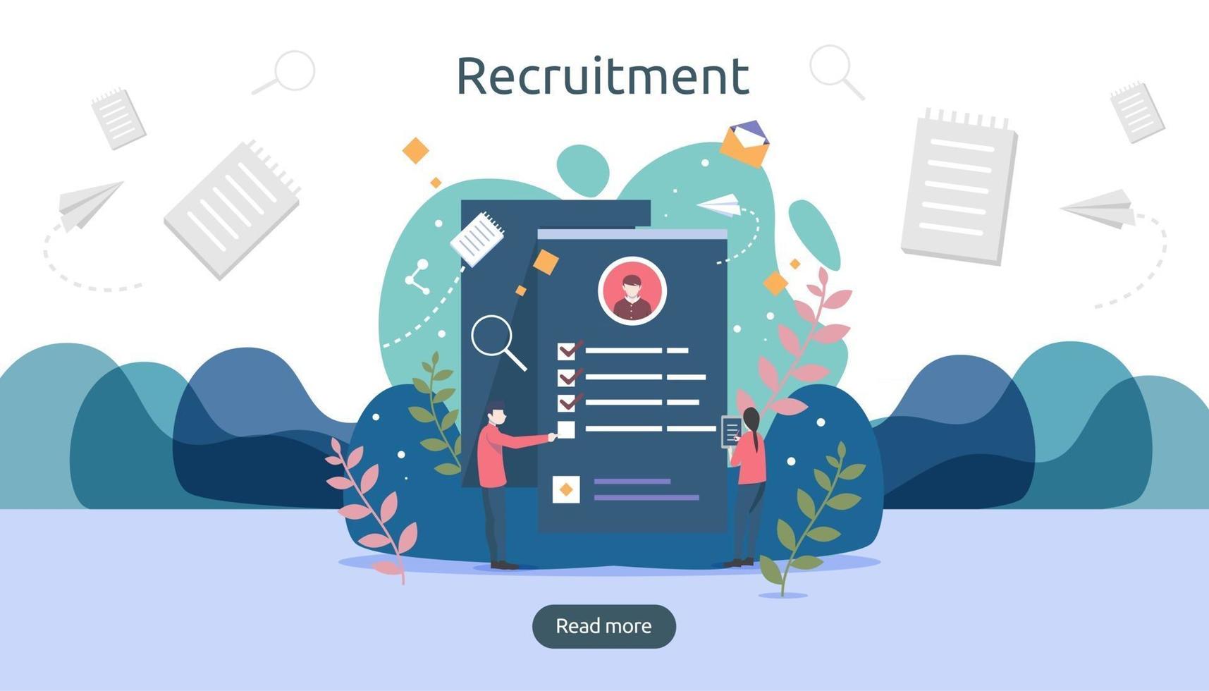 Job hiring and online recruitment concept with tiny people character. agency interview. select a resume process. template for web landing page, banner, presentation, social media. Vector illustration