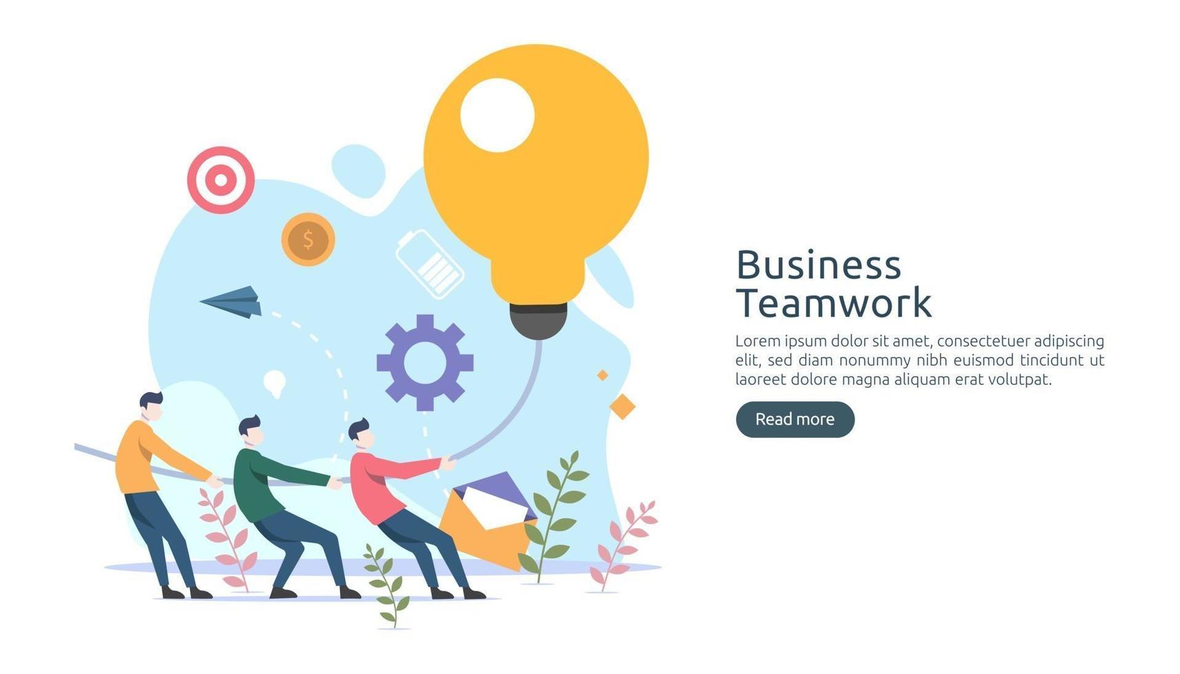 teamwork business brainstorming Idea concept with big yellow light bulb lamp, tiny people character. creative innovation solution. template for web landing page, banner, presentation, social media vector