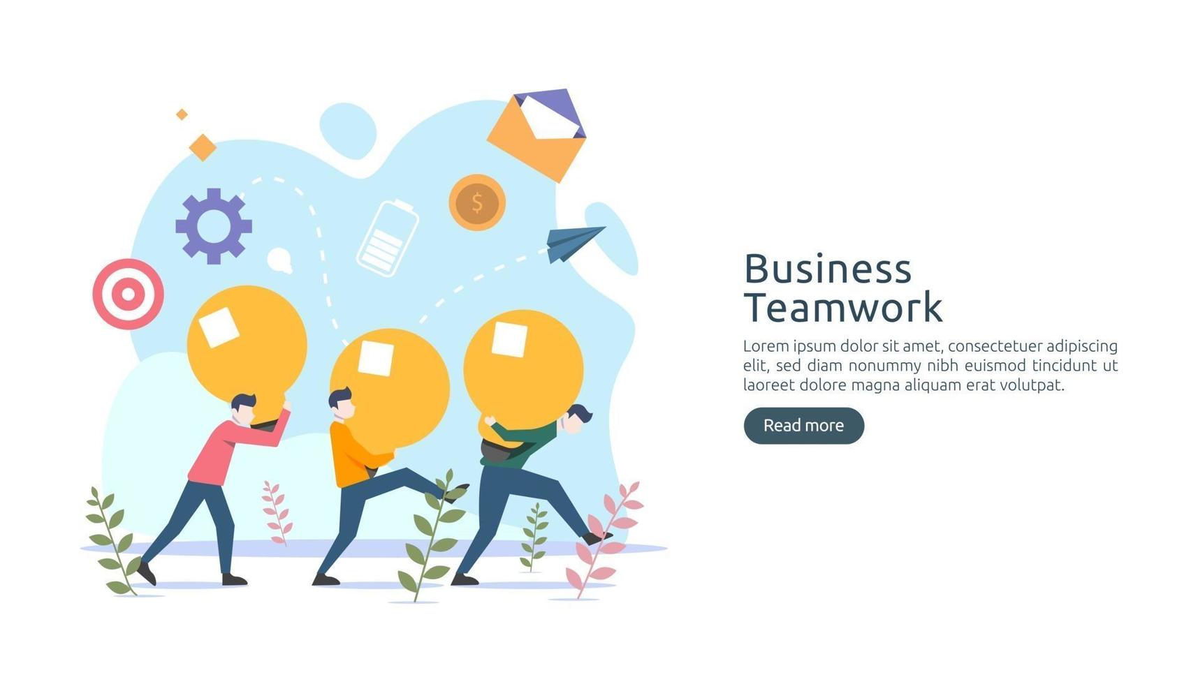 teamwork business brainstorming Idea concept with big yellow light bulb lamp, tiny people character. creative innovation solution. template for web landing page, banner, presentation, social media vector