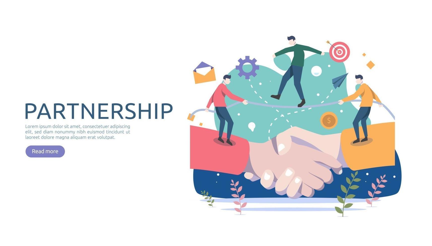 Business partnership relation concept with hand shake and tiny people character. team working together template for web landing page, banner, presentation, mockup, social media. Vector illustration