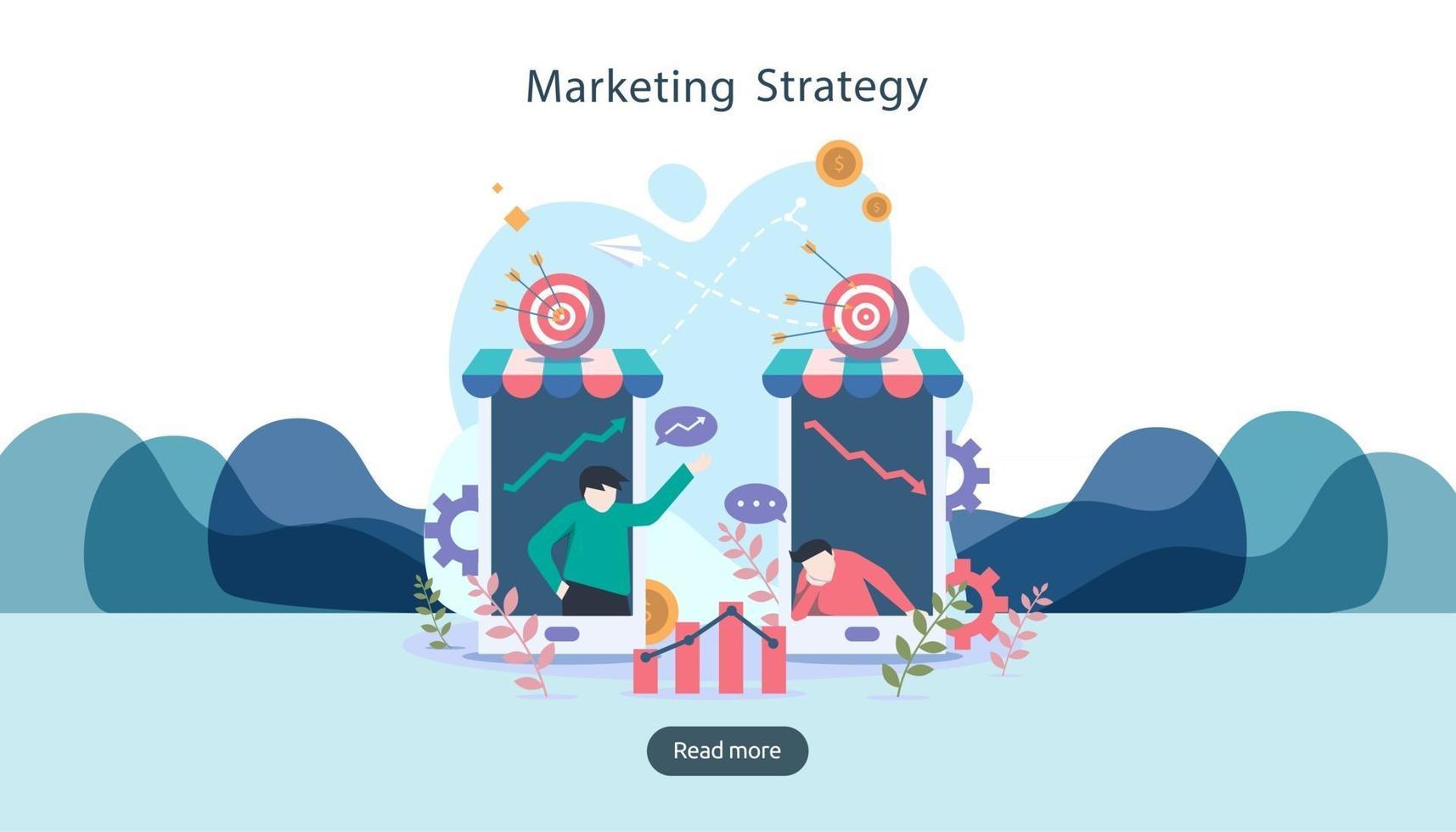 digital marketing strategy concept with tiny people character. online ecommerce business in modern flat design template for web landing page, banner, presentation, social media. Vector illustration