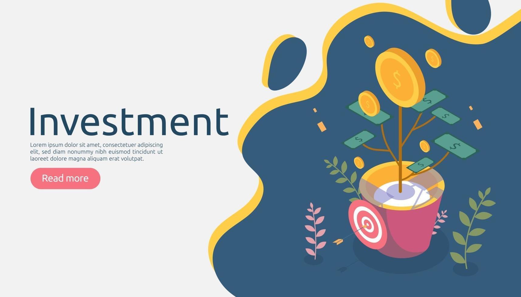 Business management growth concept. Returns on investment isometric vector illustration with money coin plant in flower pot. template for web landing page, banner, presentation, social media.