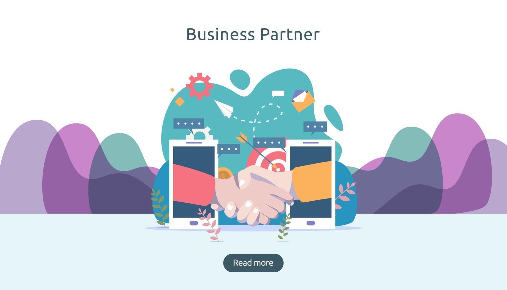 Business partnership relation concept with hand shake and tiny people character. team working together template for web landing page, banner, presentation, mockup, social media. Vector illustration