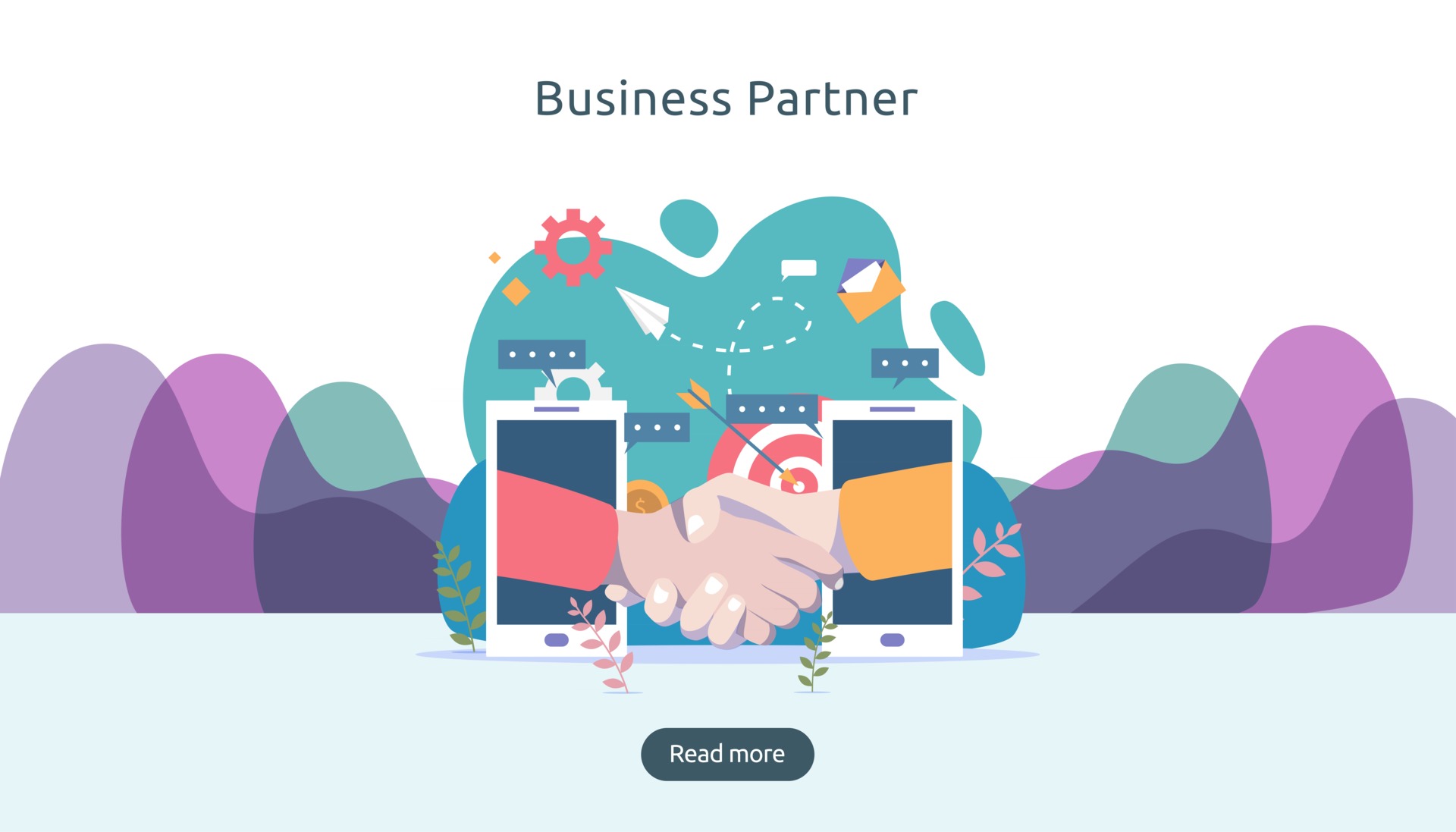 Business partnership relation concept with hand shake and tiny people ...