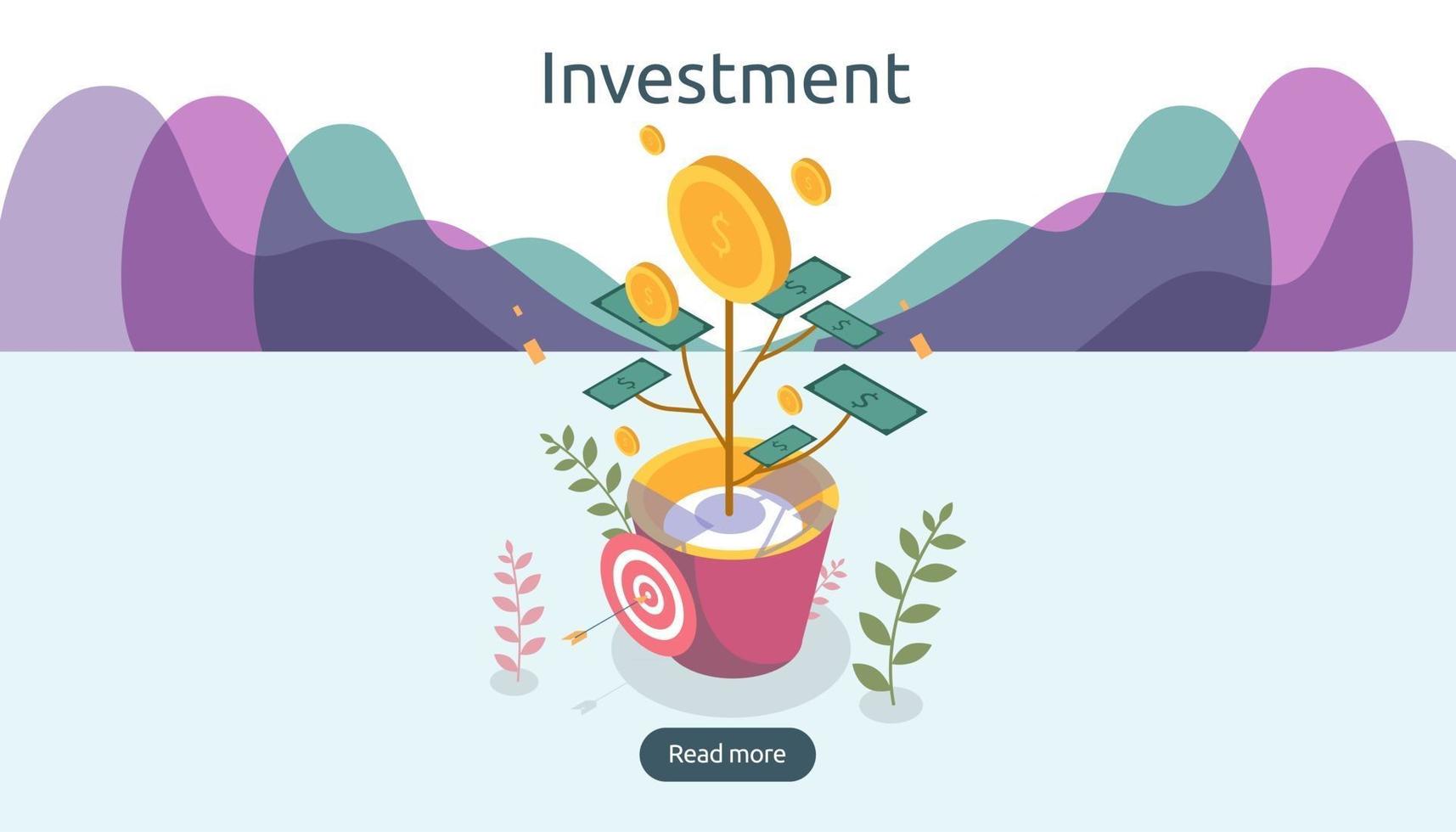 Business management growth concept. Returns on investment isometric vector illustration with money coin plant in flower pot. template for web landing page, banner, presentation, social media.