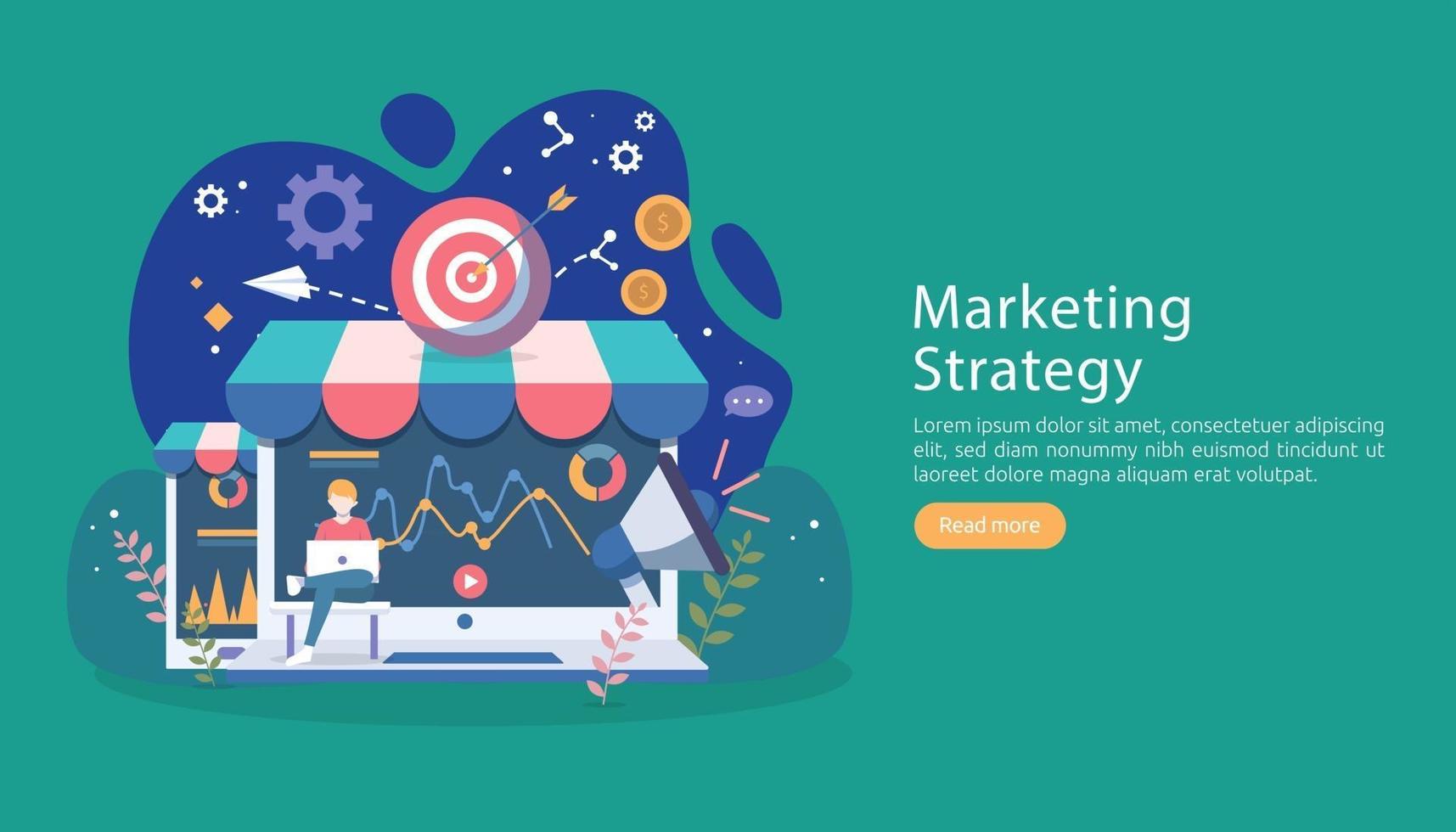 digital marketing strategy concept with tiny people character. online ecommerce business in modern flat design template for web landing page, banner, presentation, social media. Vector illustration