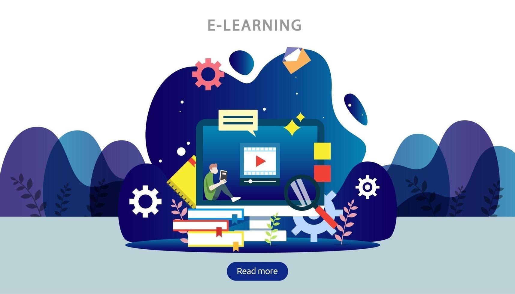 E-learning concept with computer, book and tiny people character in study process. E-book or online education. template for web landing page, banner, presentation, social media and print material vector