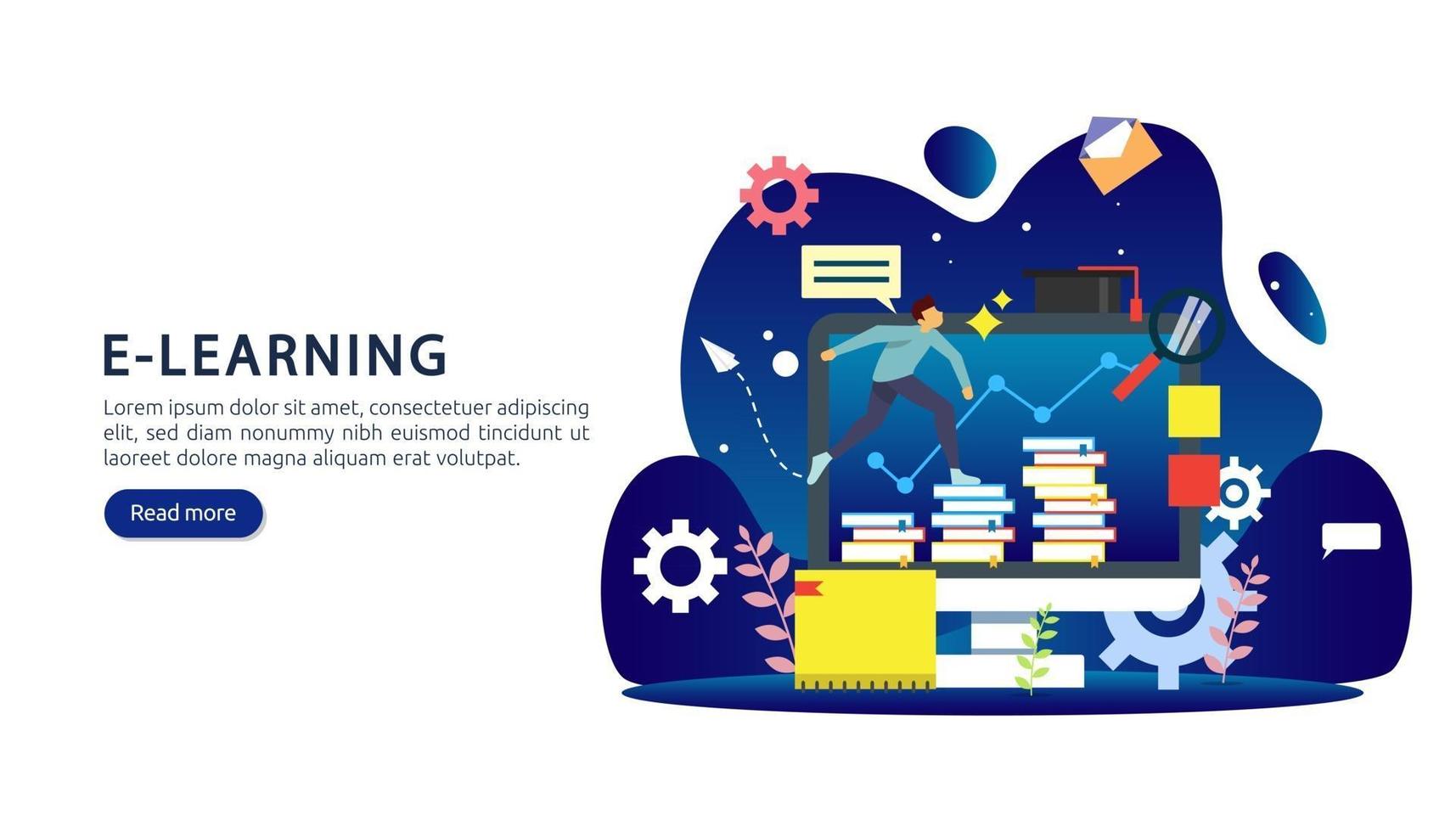 E-learning concept with computer, book and tiny people character in study process. E-book or online education. template for web landing page, banner, presentation, social media and print material vector