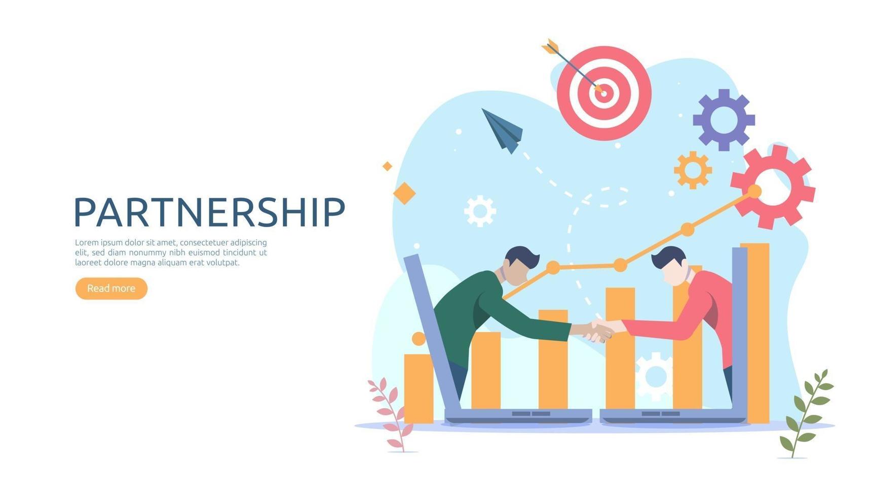 Business partnership relation concept idea with tiny people character. team working partner together template for web landing page, banner, presentation, mockup, social media. Vector illustration