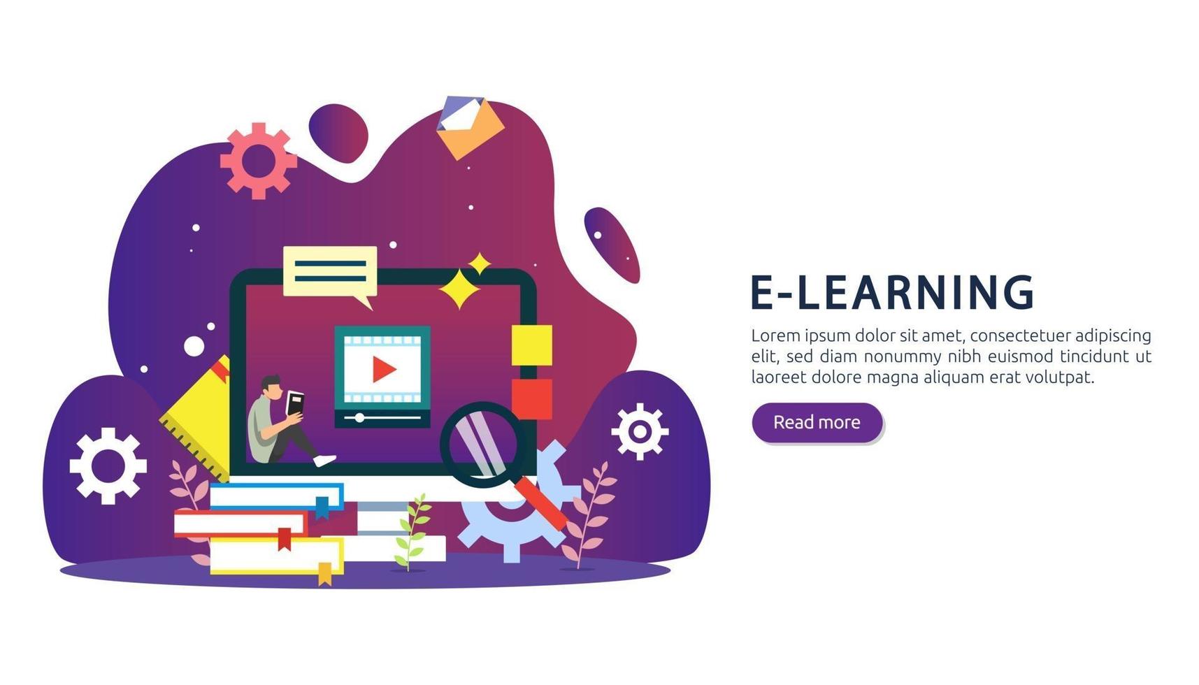 E-learning concept with computer, book and tiny people character in study process. E-book or online education. template for web landing page, banner, presentation, social media and print material vector