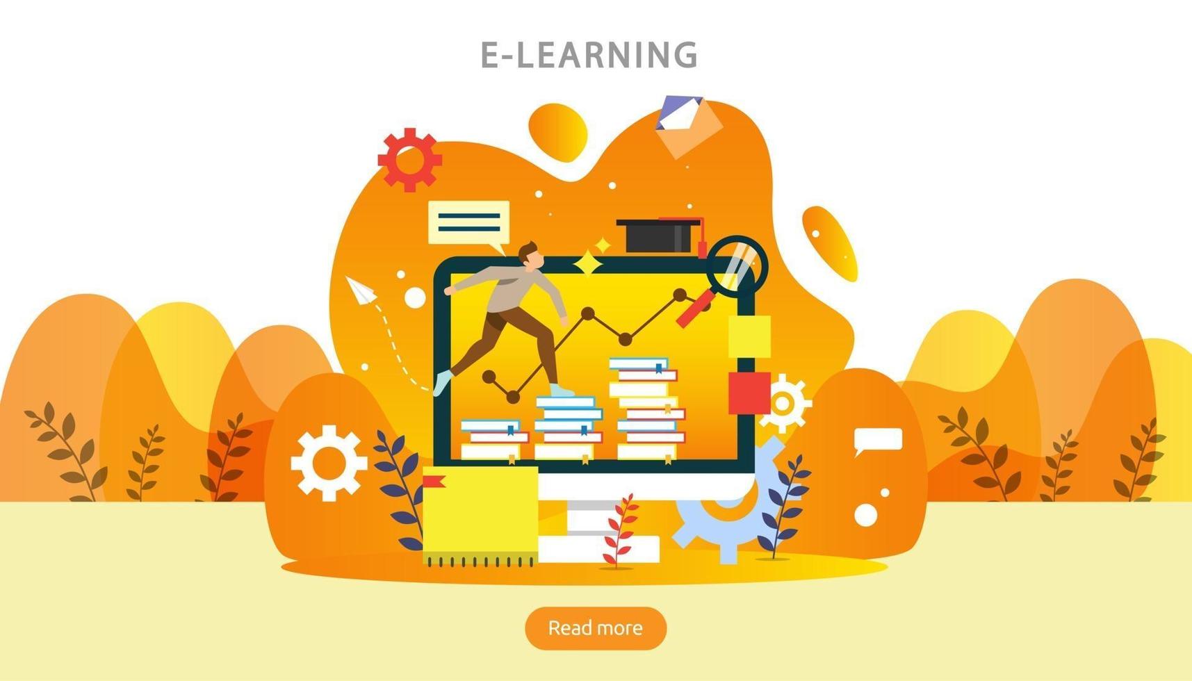 E-learning concept with computer, book and tiny people character in study process. E-book or online education. template for web landing page, banner, presentation, social media and print material vector