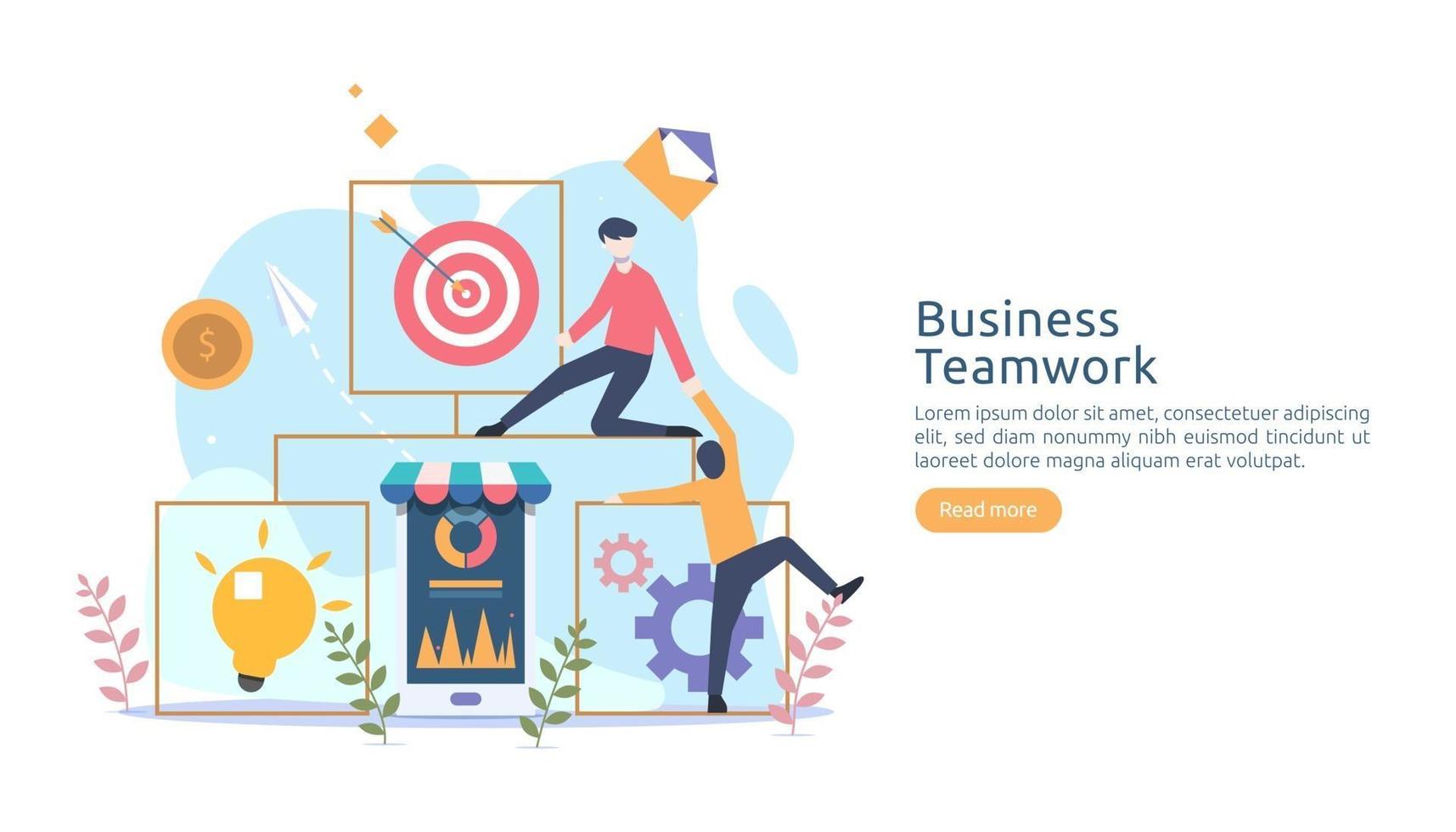 teamwork business brainstorming Idea concept with big yellow light bulb lamp, tiny people character. creative innovation solution. template for web landing page, banner, presentation, social media vector