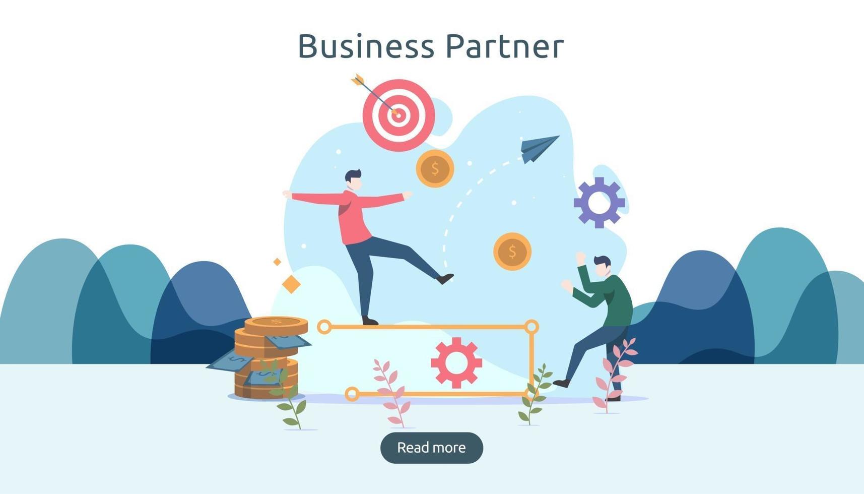 Business partnership relation concept idea with tiny people character. team working partner together template for web landing page, banner, presentation, mockup, social media. Vector illustration