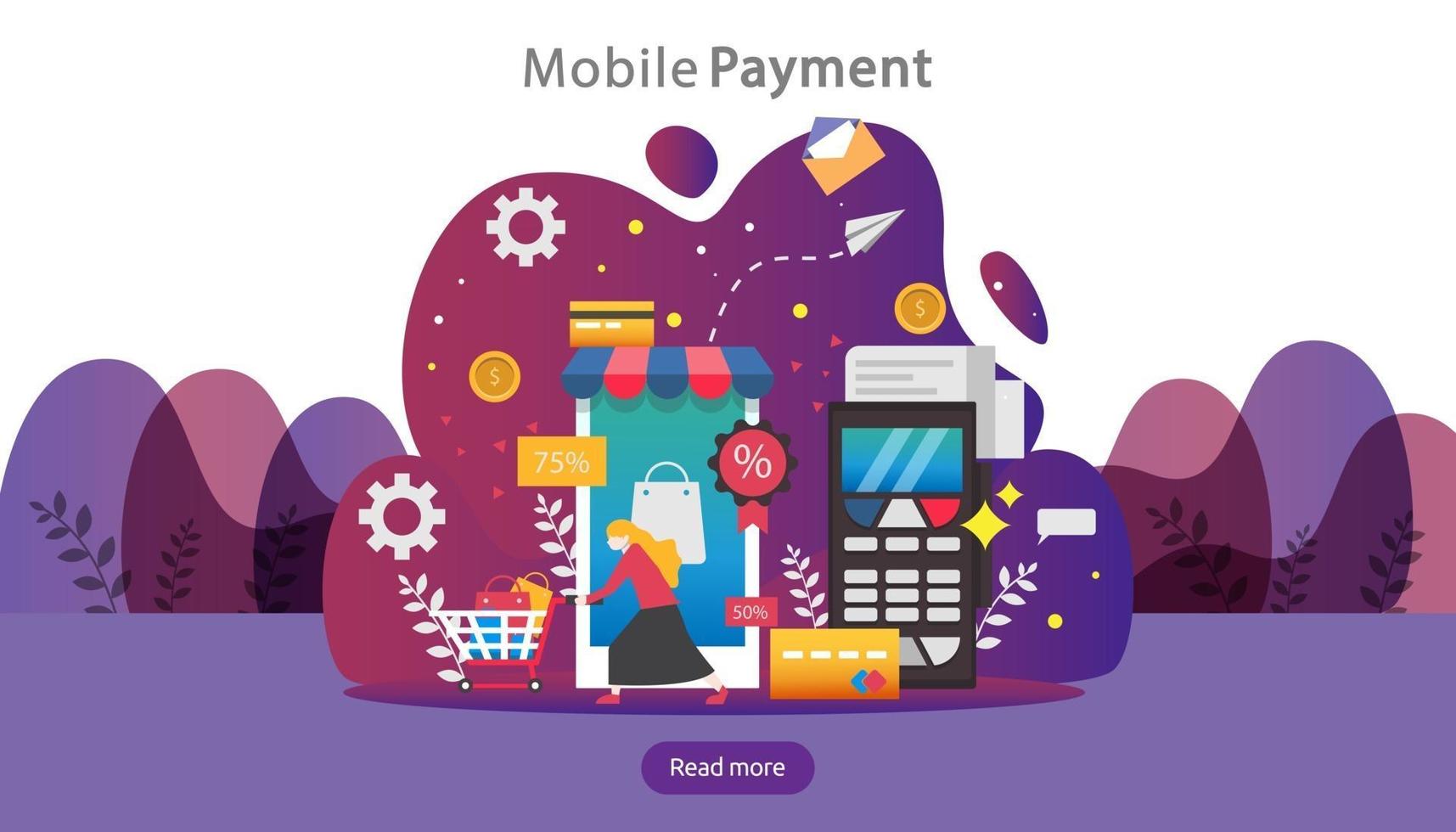 mobile payment or money transfer concept. E-commerce market shopping online illustration with tiny people character. template for web landing page, banner, presentation, social media, print media vector