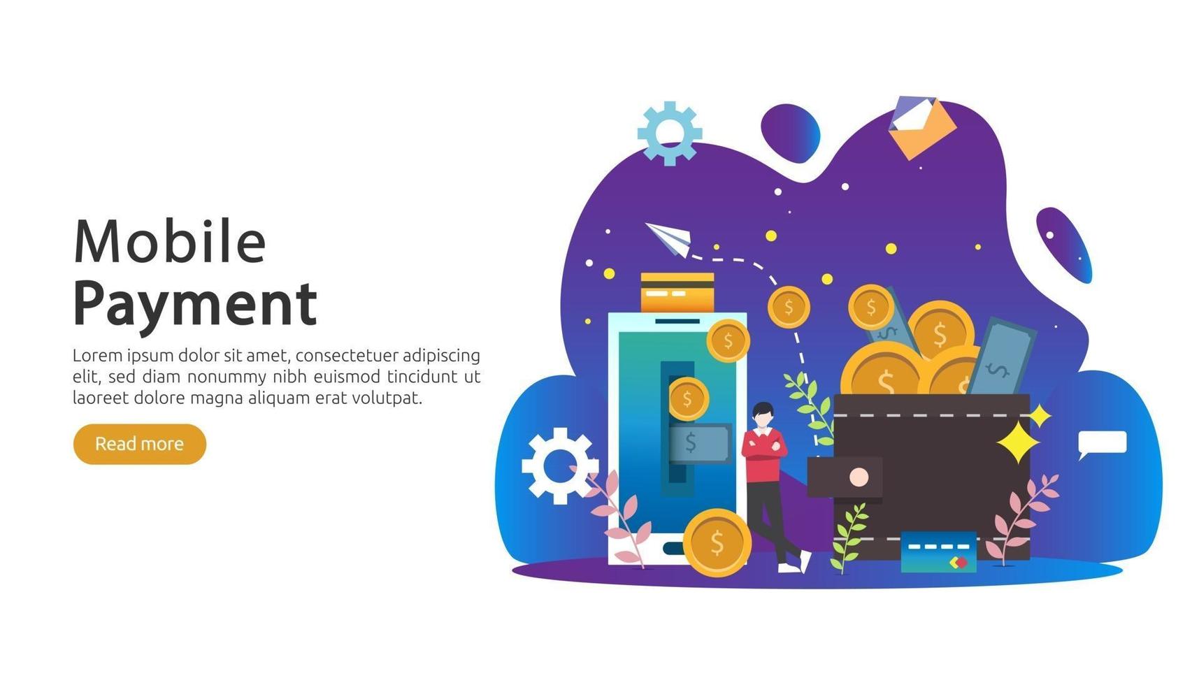 mobile payment or money transfer concept. E-commerce market shopping online illustration with tiny people character. template for web landing page, banner, presentation, social media, print media vector