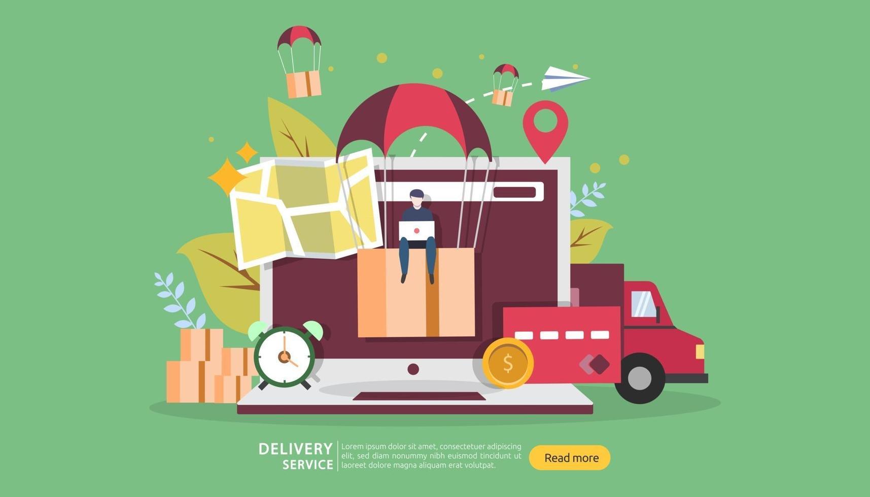 Online Delivery service. order express tracking concept with tiny character and cargo box truck. template for web landing page, banner, presentation, social media and print media. Vector illustration