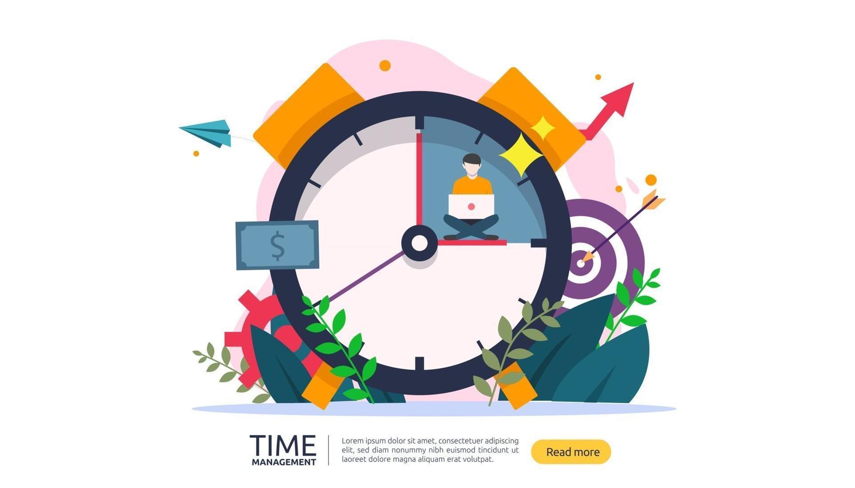 time management and procrastination concept. planning and strategy for business solutions with clock, calendar and tiny people character for presentation, social and print media. Vector illustration