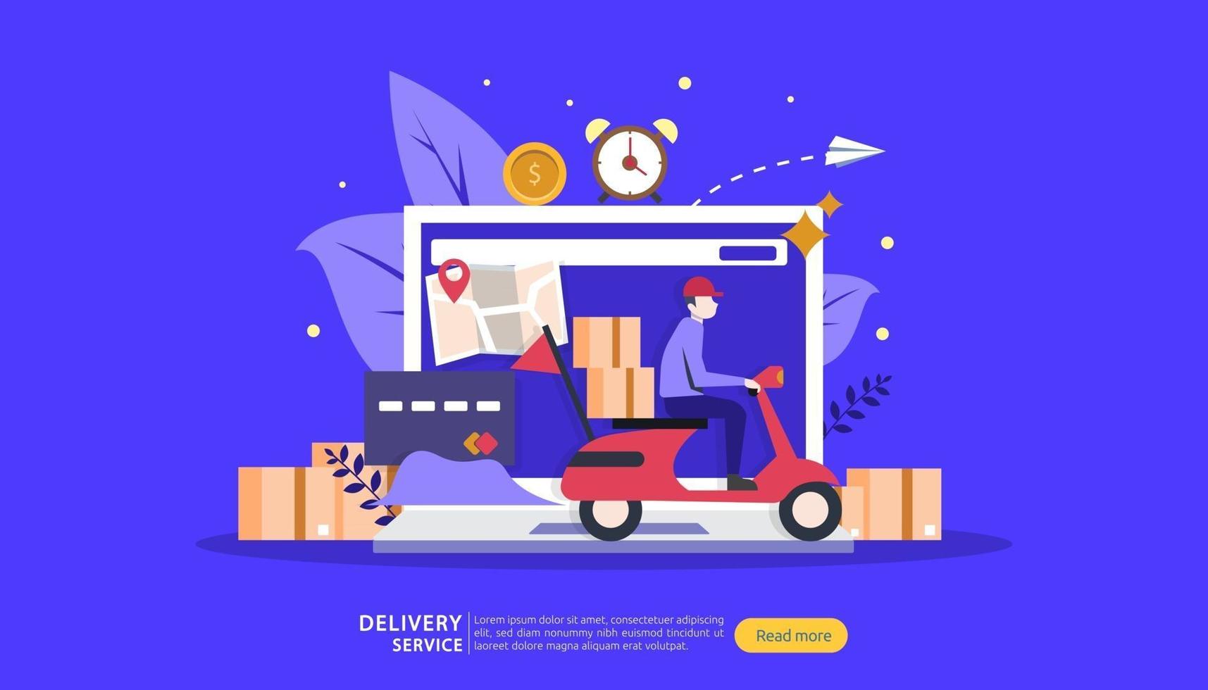 Online Delivery service. order express tracking concept with tiny character and cargo box truck. template for web landing page, banner, presentation, social media and print media. Vector illustration