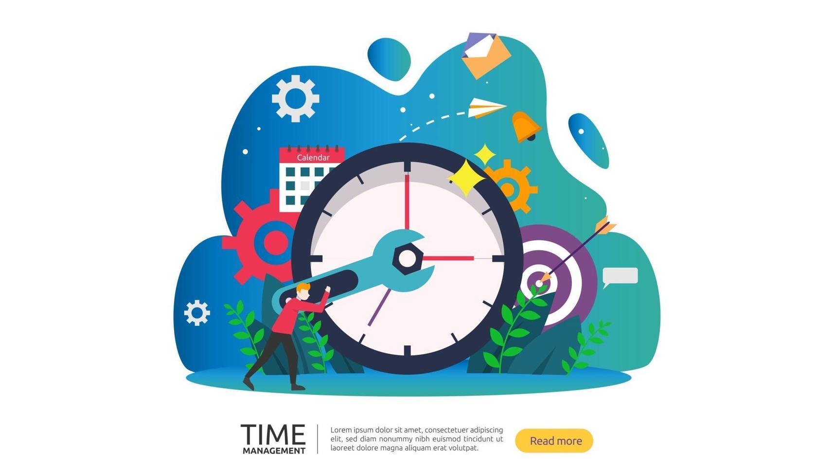time management and procrastination concept. planning and strategy for business solutions with clock, calendar and tiny people character for presentation, social and print media. Vector illustration