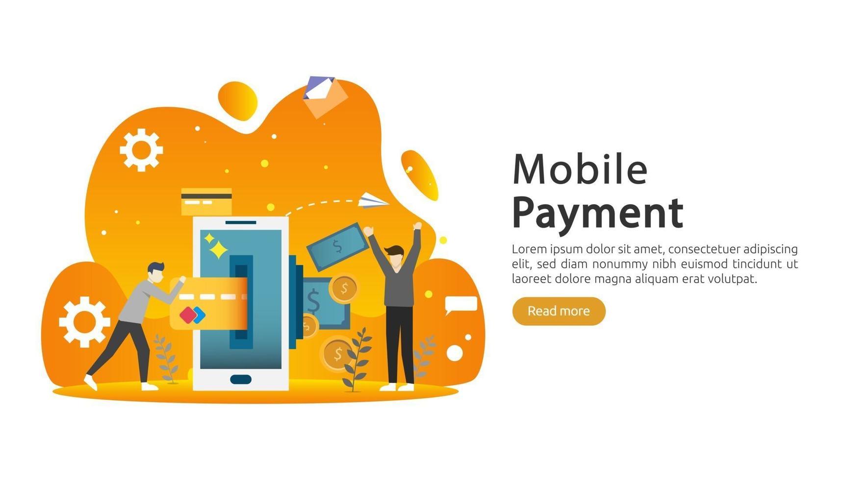 mobile payment or money transfer concept. E-commerce market shopping online illustration with tiny people character. template for web landing page, banner, presentation, social media, print media vector