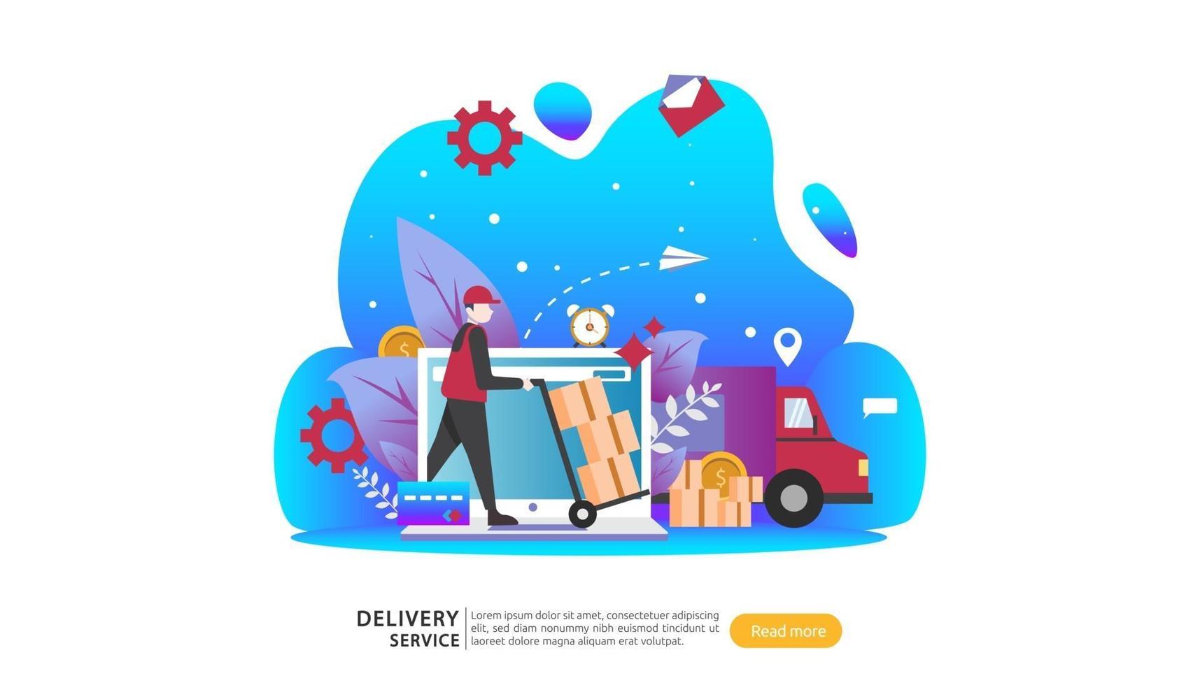 Online Delivery service. order express tracking concept with tiny character and cargo box truck. template for web landing page, banner, presentation, social media and print media. Vector illustration