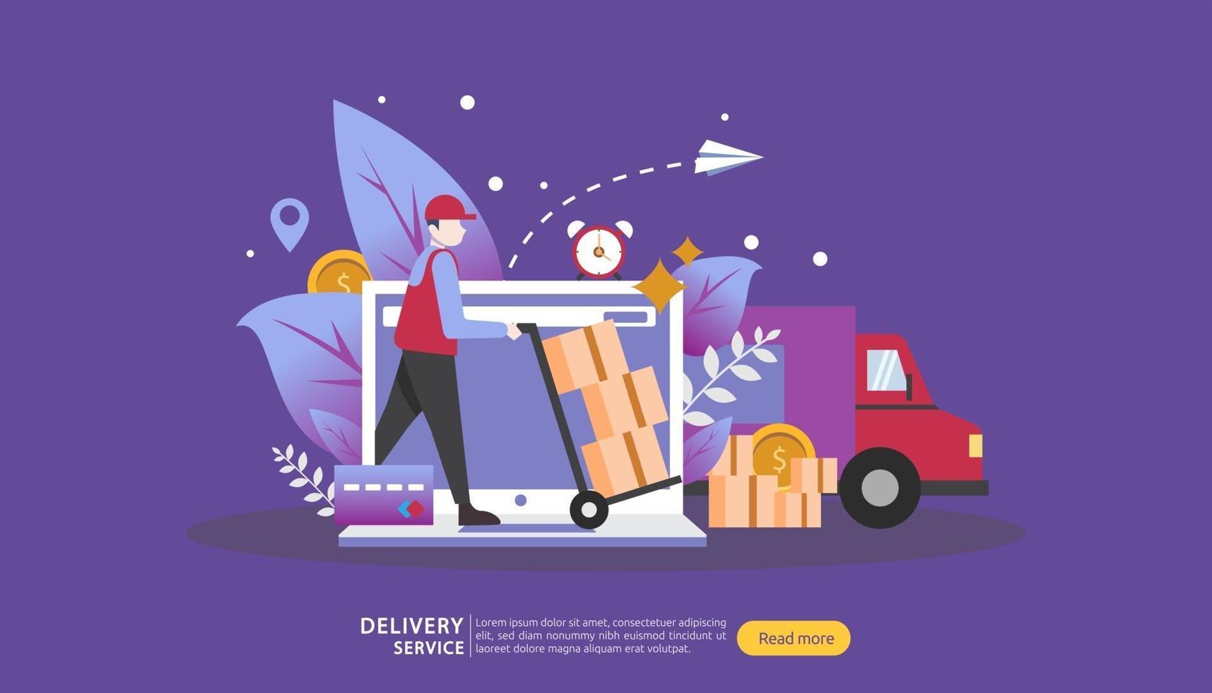 Online Delivery service. order express tracking concept with tiny character and cargo box truck. template for web landing page, banner, presentation, social media and print media. Vector illustration