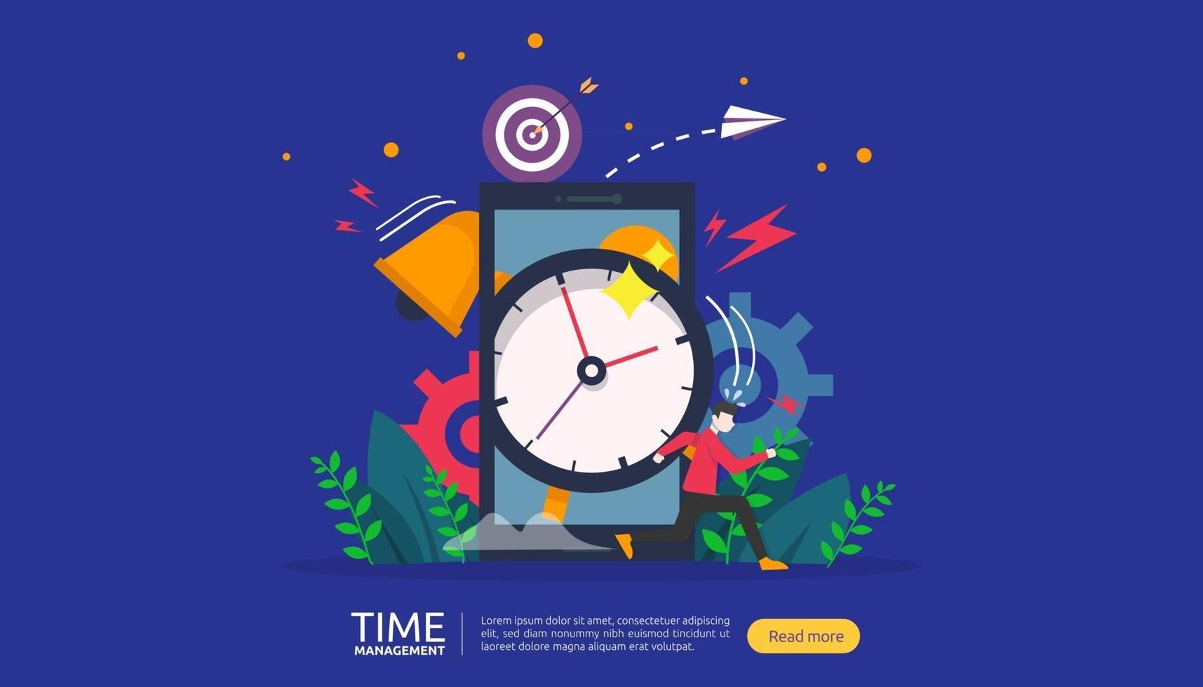 concepto de gestión del tiempo y dilación. planificación y estrategia de soluciones comerciales con reloj, calendario y carácter de personas diminutas para presentaciones, medios sociales e impresos. ilustración vectorial vector