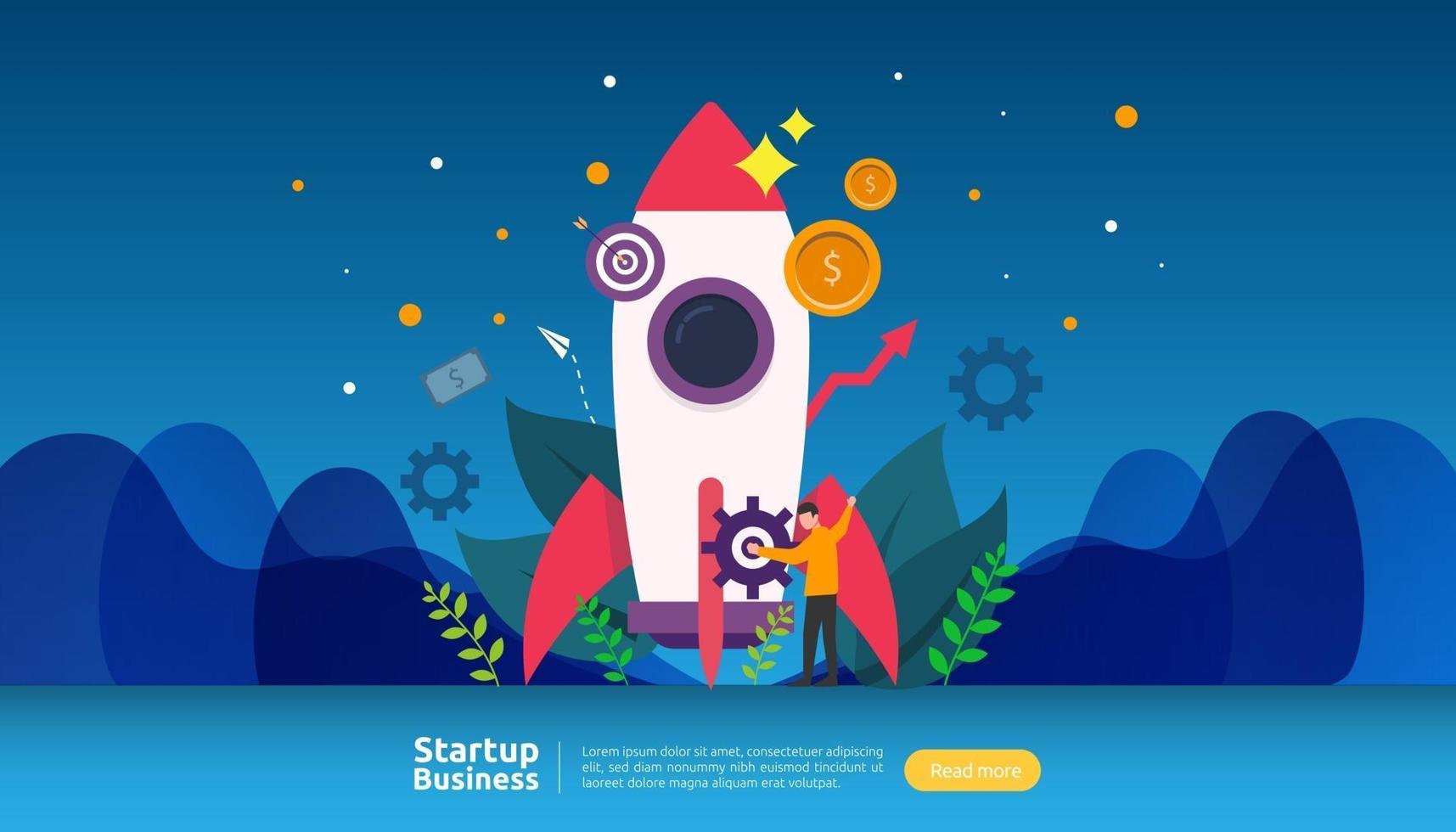 start up idea concept. project business with rocket tiny people character. new product or service launch template for web landing page, banner, presentation, social, print media. Vector illustration