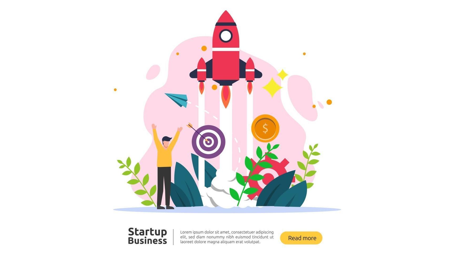 start up idea concept. project business with rocket tiny people character. new product or service launch template for web landing page, banner, presentation, social, print media. Vector illustration