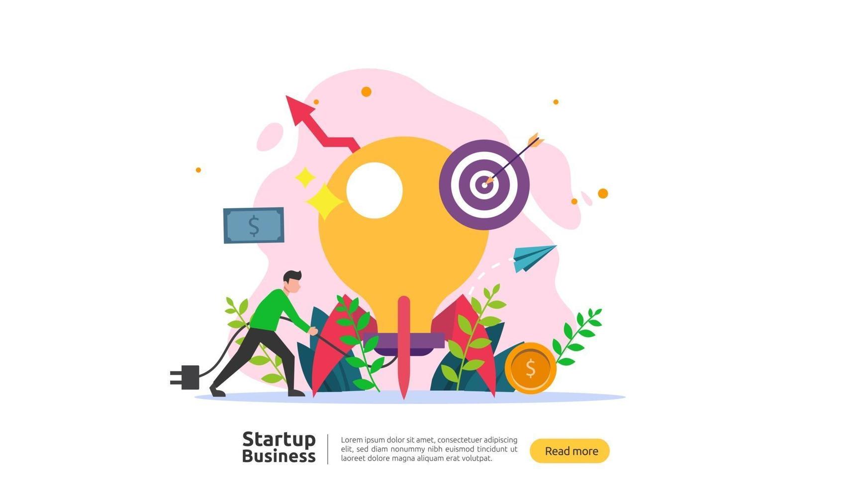 start up idea concept. project business with rocket tiny people character. new product or service launch template for web landing page, banner, presentation, social, print media. Vector illustration