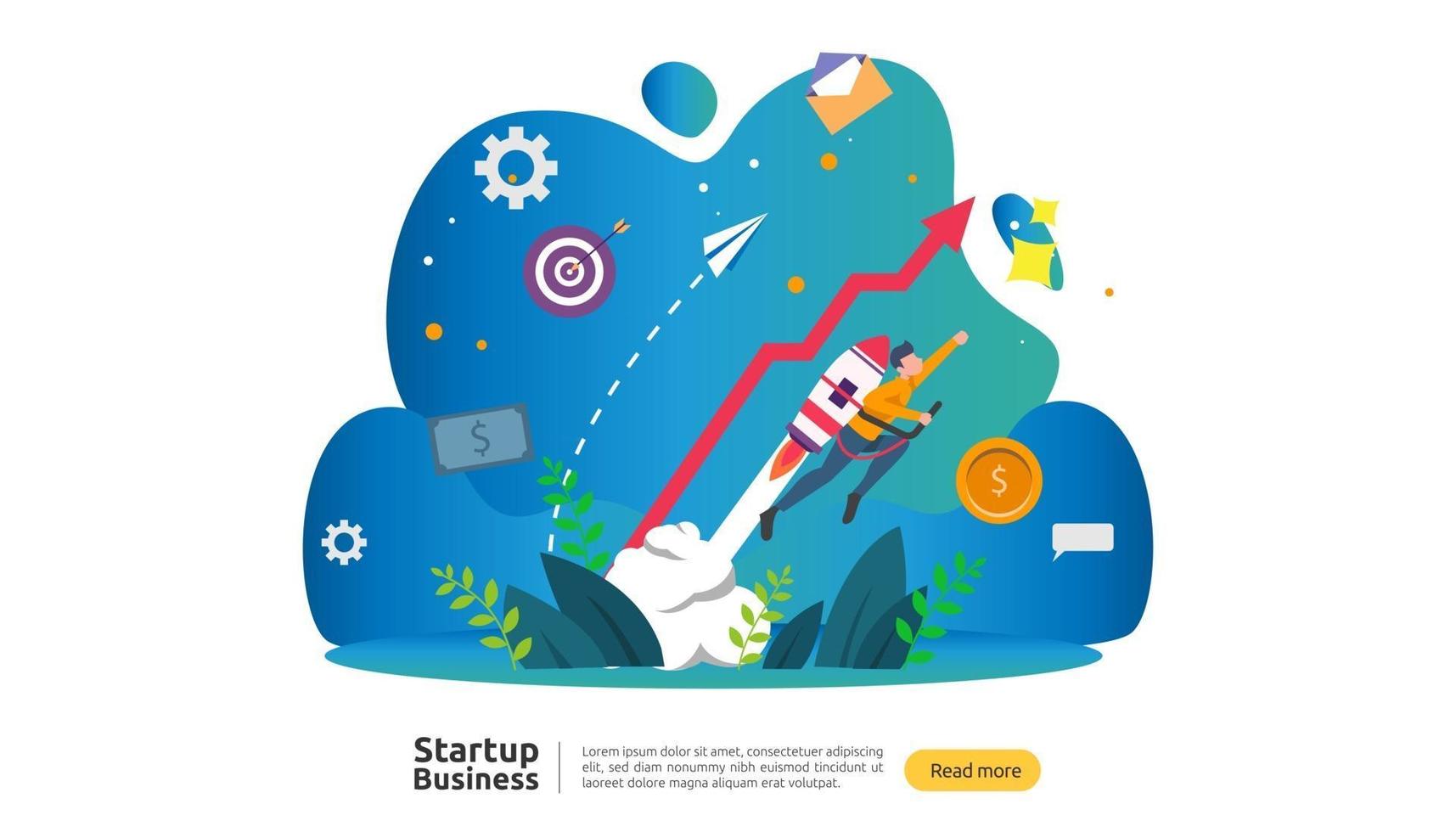 start up idea concept. project business with rocket tiny people character. new product or service launch template for web landing page, banner, presentation, social, print media. Vector illustration