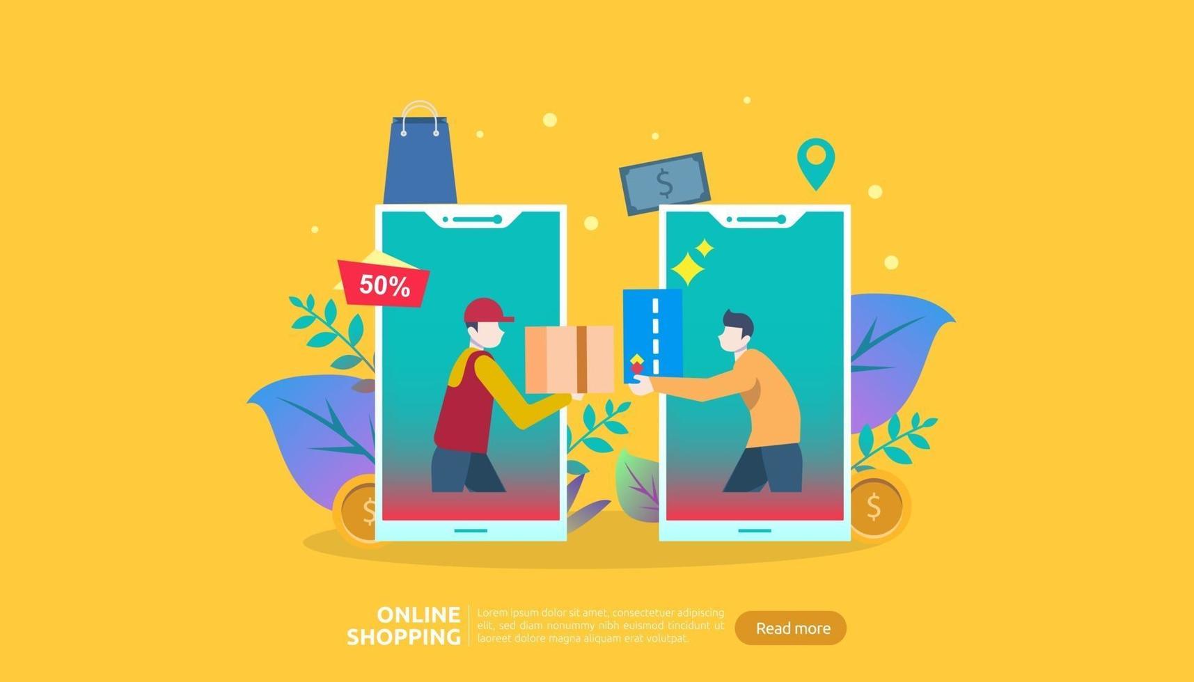 banner de compras en línea. concepto de negocio para la venta de comercio electrónico con teléfono inteligente y carácter de gente pequeña. plantilla para página de destino web, presentación, redes sociales y medios impresos. ilustración vectorial vector