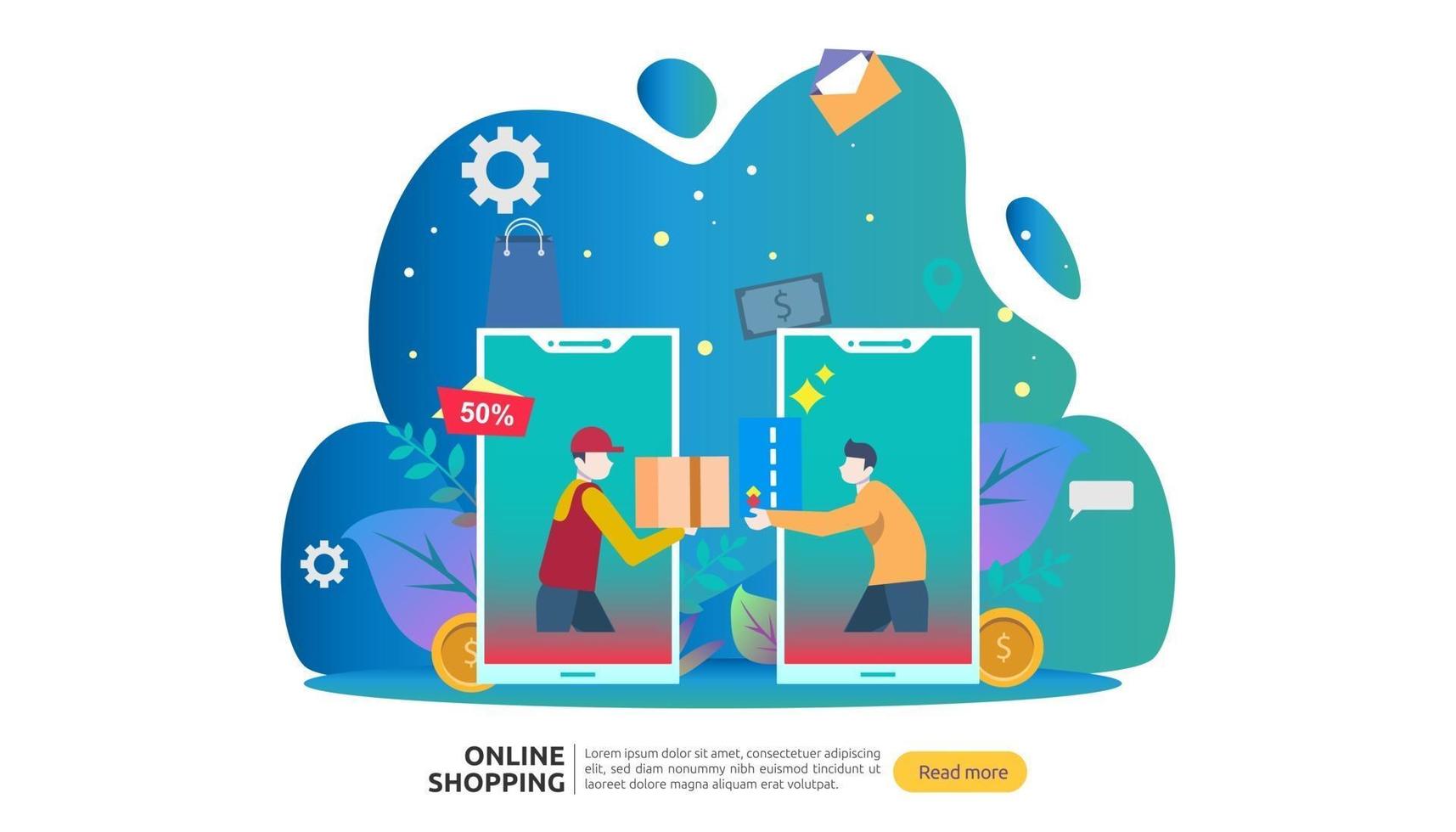Online shopping banner. Business concept for Sale e-Commerce with smartphone and tiny people character. template for web landing page, presentation, social media and print media. Vector illustration