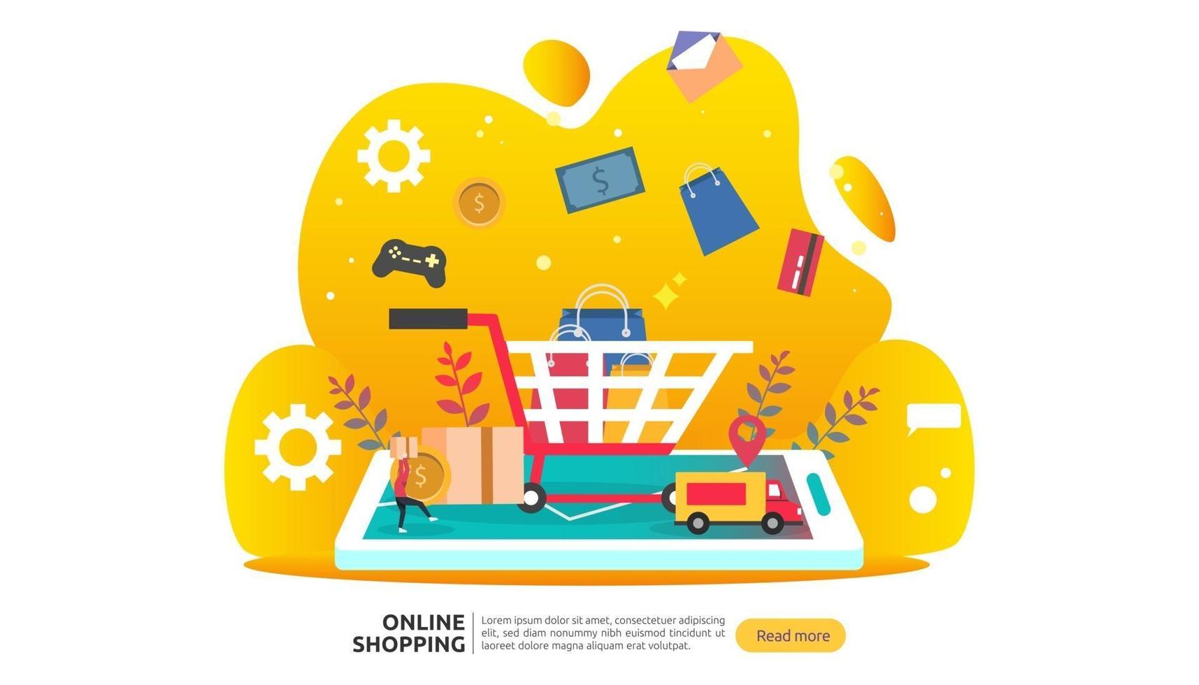 banner de compras en línea. concepto de negocio para la venta de comercio electrónico con teléfono inteligente y carácter de gente pequeña. plantilla para página de destino web, presentación, redes sociales y medios impresos. ilustración vectorial vector