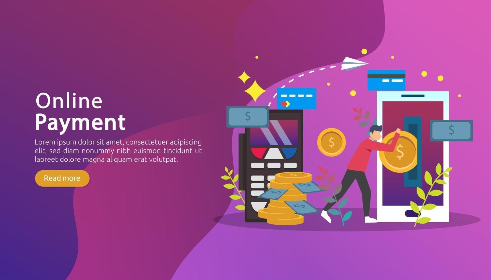 mobile payment or money transfer concept. E-commerce market shopping online illustration with tiny people character. template for web landing page, banner, presentation, social media, print media vector