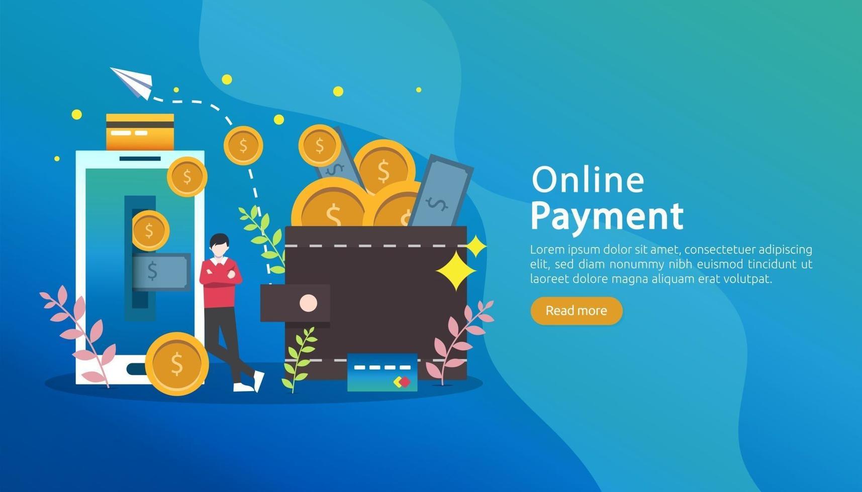 mobile payment or money transfer concept. E-commerce market shopping online illustration with tiny people character. template for web landing page, banner, presentation, social media, print media vector