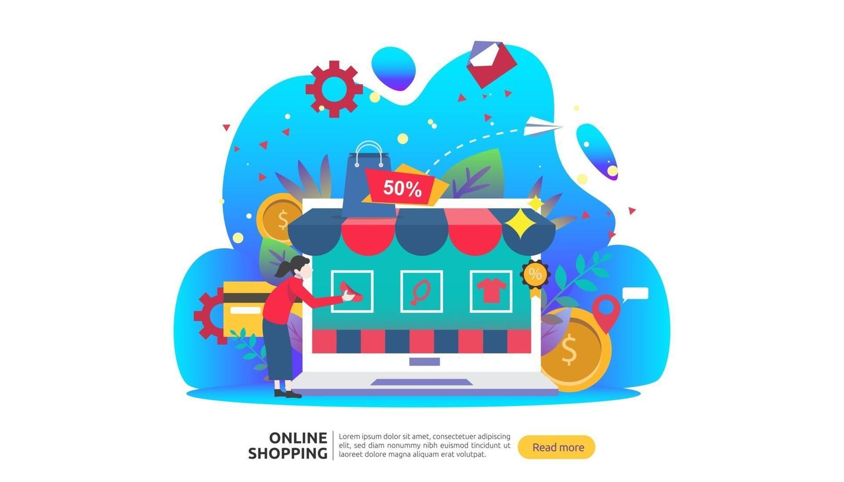 banner de compras en línea. concepto de negocio para la venta de comercio electrónico con teléfono inteligente y carácter de gente pequeña. plantilla para página de destino web, presentación, redes sociales y medios impresos. ilustración vectorial vector