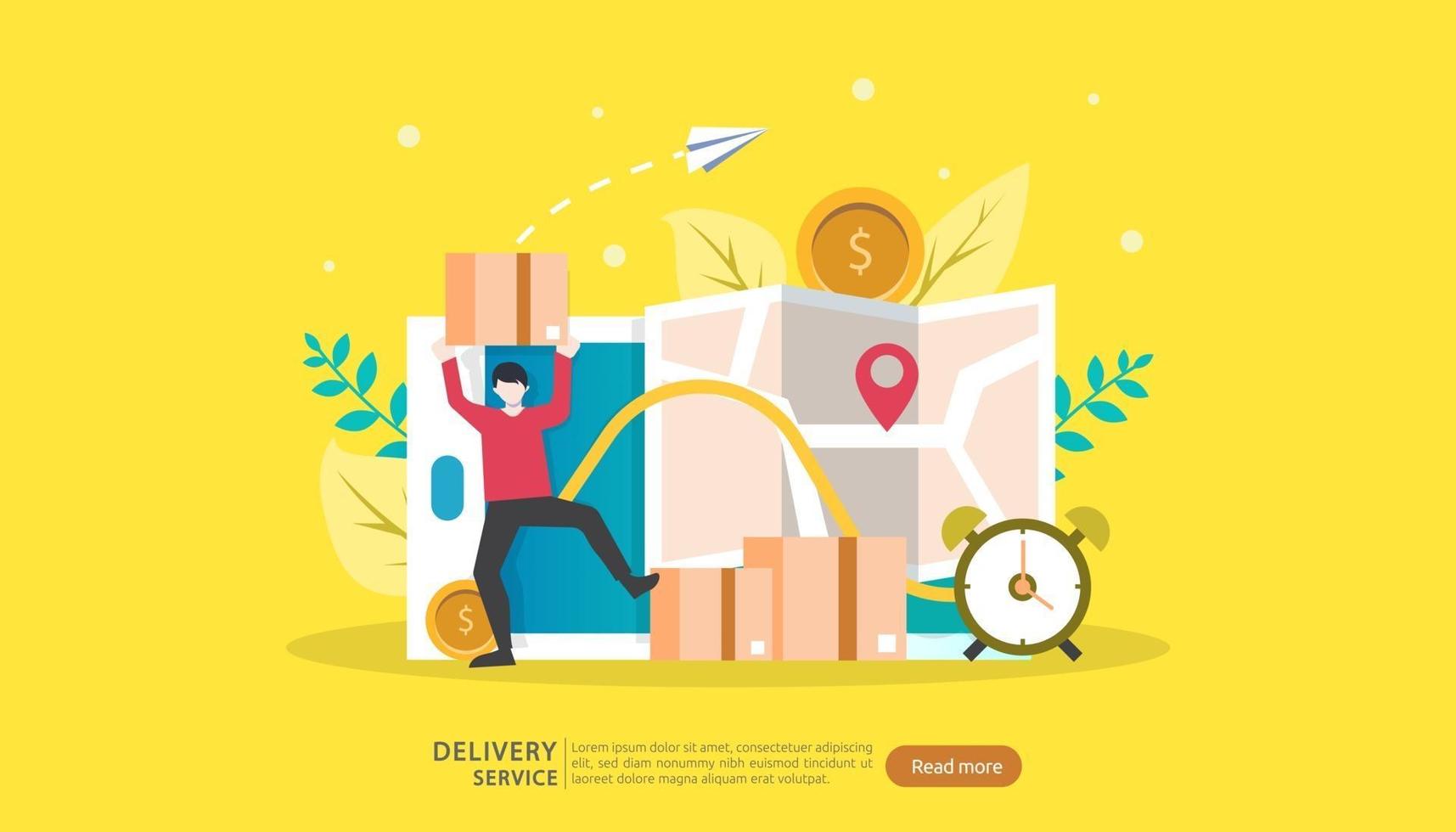 Online Delivery service. order express tracking concept with tiny character and cargo box truck. template for web landing page, banner, presentation, social media and print media. Vector illustration