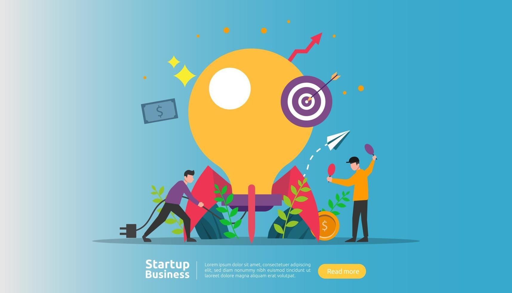 start up idea concept. project business with rocket tiny people character. new product or service launch template for web landing page, banner, presentation, social, print media. Vector illustration