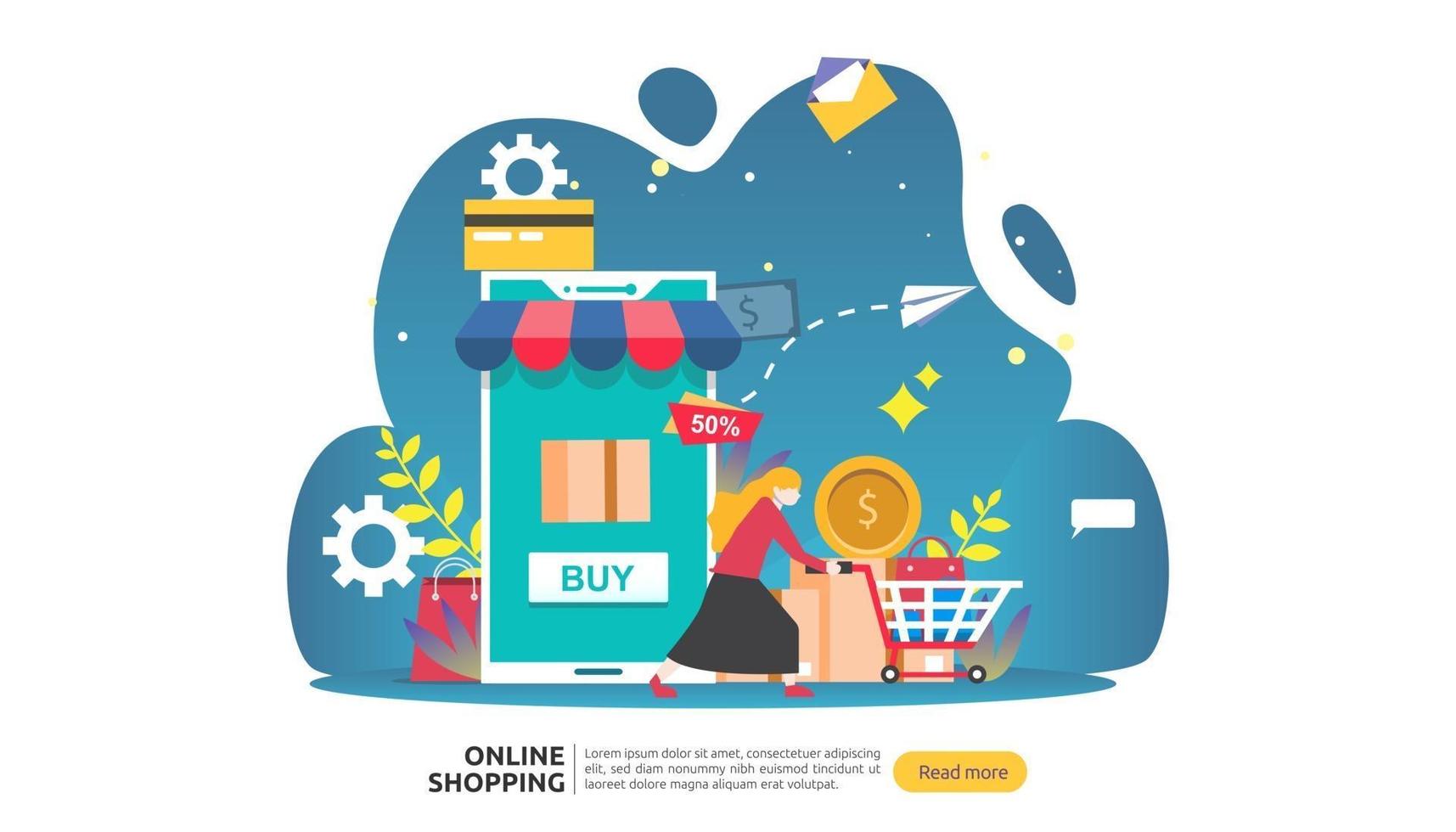 Online shopping banner. Business concept for Sale e-Commerce with smartphone and tiny people character. template for web landing page, presentation, social media and print media. Vector illustration