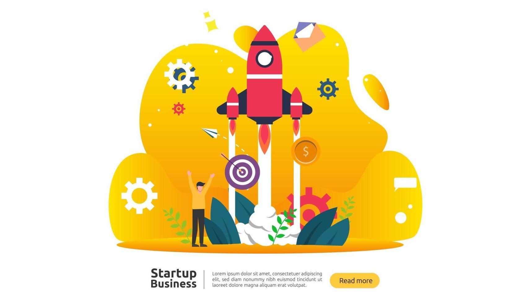 start up idea concept. project business with rocket tiny people character. new product or service launch template for web landing page, banner, presentation, social, print media. Vector illustration