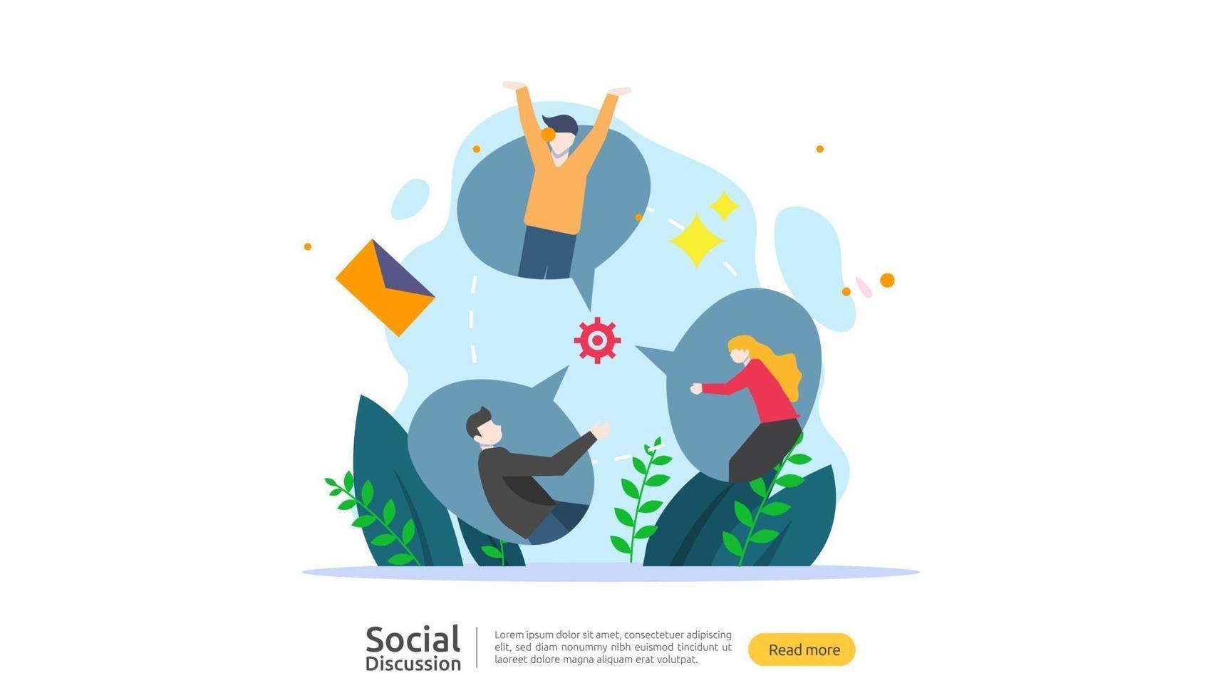 social media conversation network. Chat dialogue bubbles communication people character. community chatting online. news discuss landing page template, presentation, print media. Vector illustration